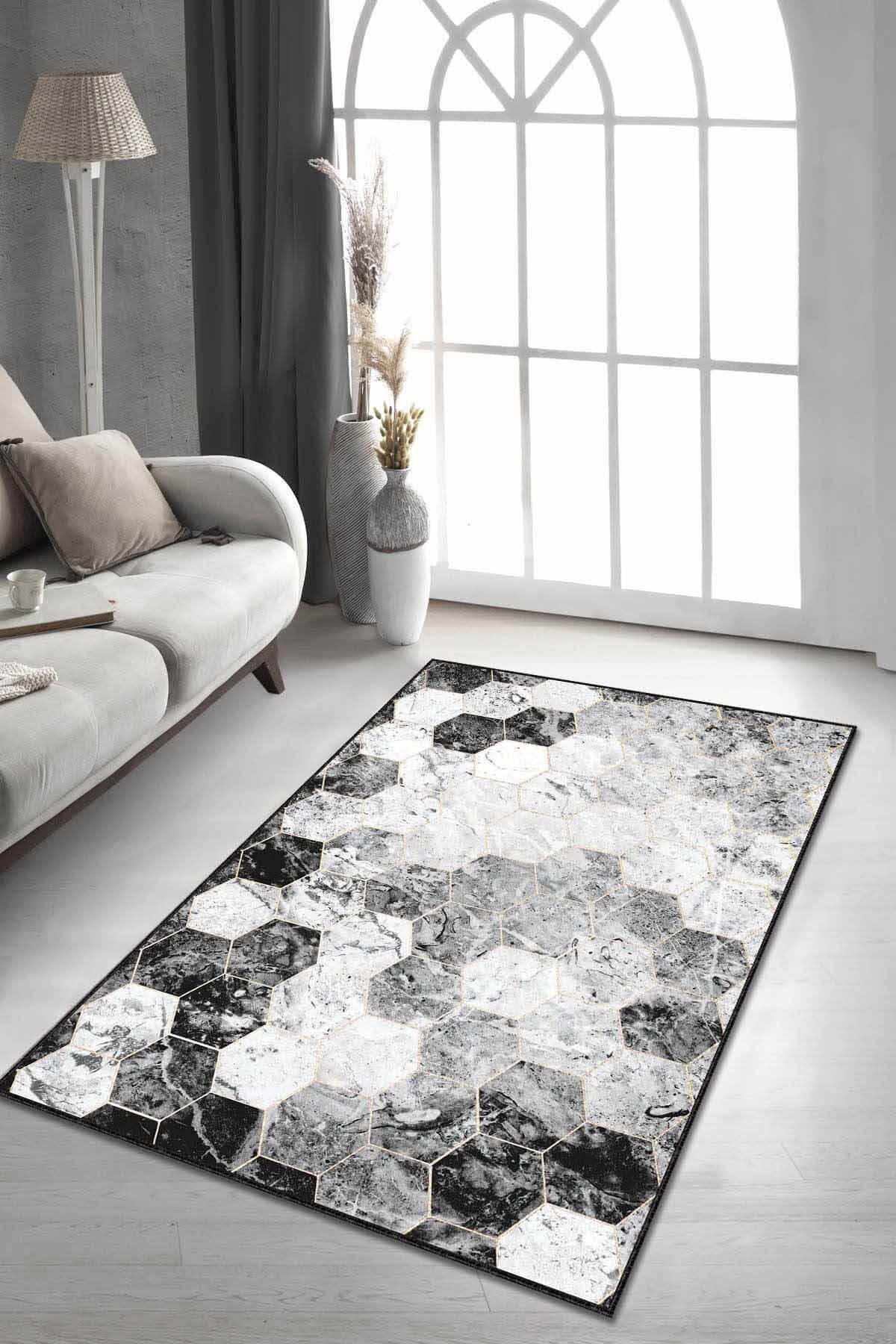 Viva Home AR006 Gri 7 mm Mikropolyester Toz Tutmaz Yıkanabilir İnce Kaymaz Dot Taban Dikdörtgen Makine Dokuma Salon Halısı 60x240 cm