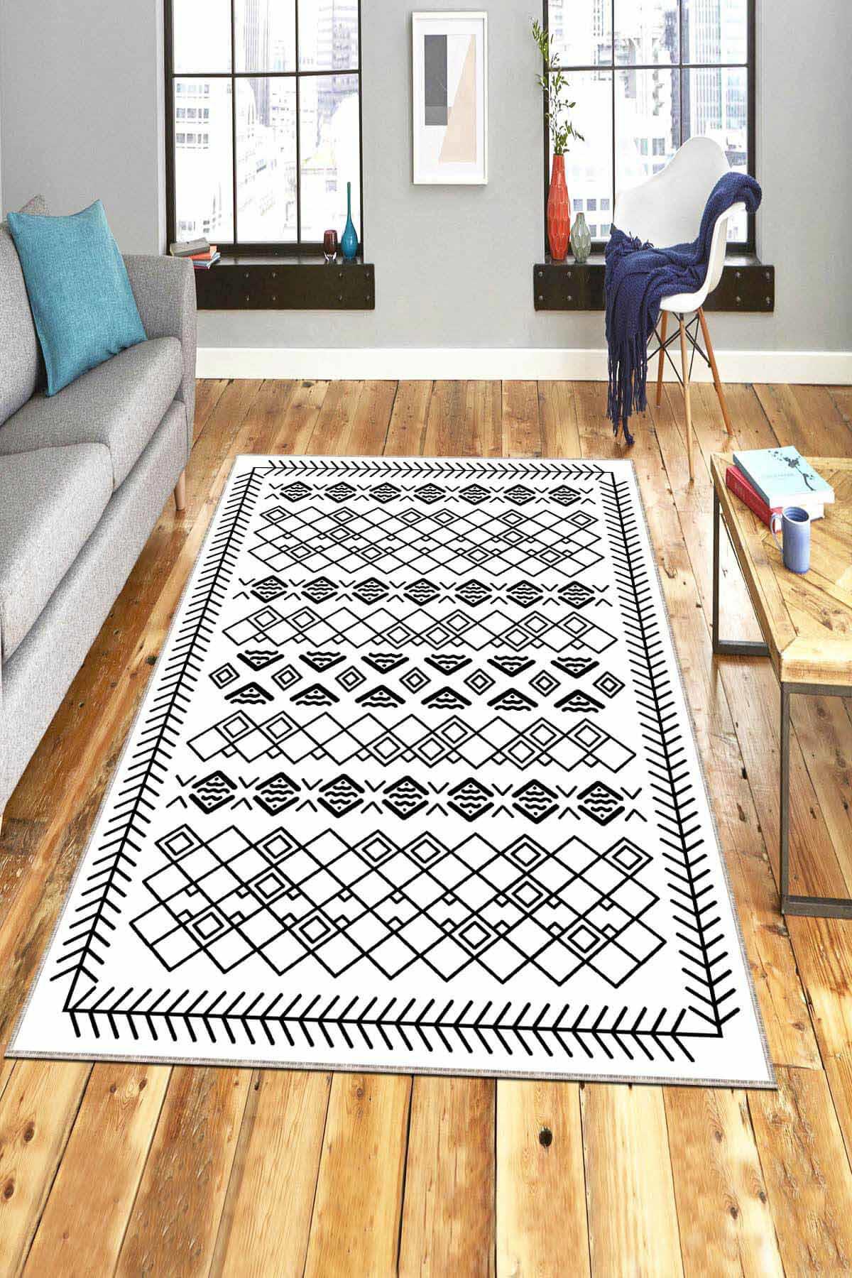 Viva Home AR682 Beyaz 7 mm Mikropolyester Yıkanabilir İnce Kaymaz Dot Taban Dikdörtgen Makine Dokuma Salon Halısı 120x180 cm