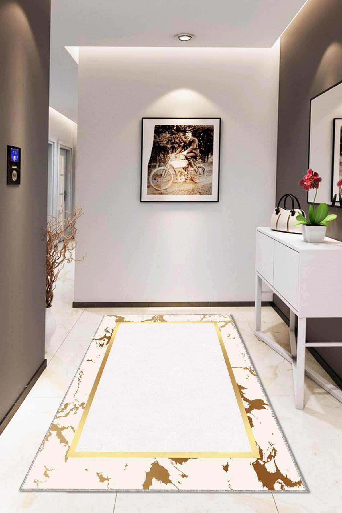 Viva Home AR097 Altın - Krem 7 mm Mikropolyester Leke tutmaz Yıkanabilir İnce Kaymaz Dot Taban Dikdörtgen Makine Dokuma Salon Halısı 80x300 cm