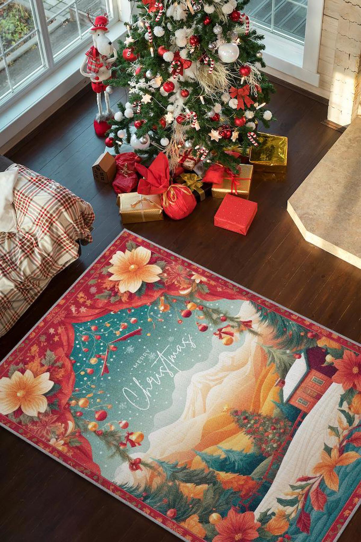 Homshtag Yeni Yıl Çok Renkli 4 mm Pamuk Antistatik Yıkanabilir İnce Kaymaz Dikdörtgen Makine Dokuma Salon Halısı 100x150 cm