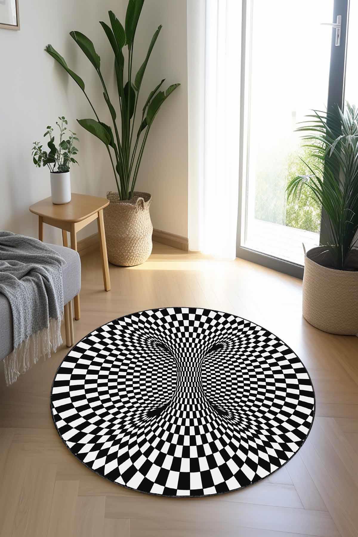 Viva Home ILI001 Beyaz - Siyah 7 mm Mikropolyester Antibakteriyel Yıkanabilir Kalın Kaymaz Lateks Taban Yuvarlak Makine Dokuma Salon Halısı 200x290 cm
