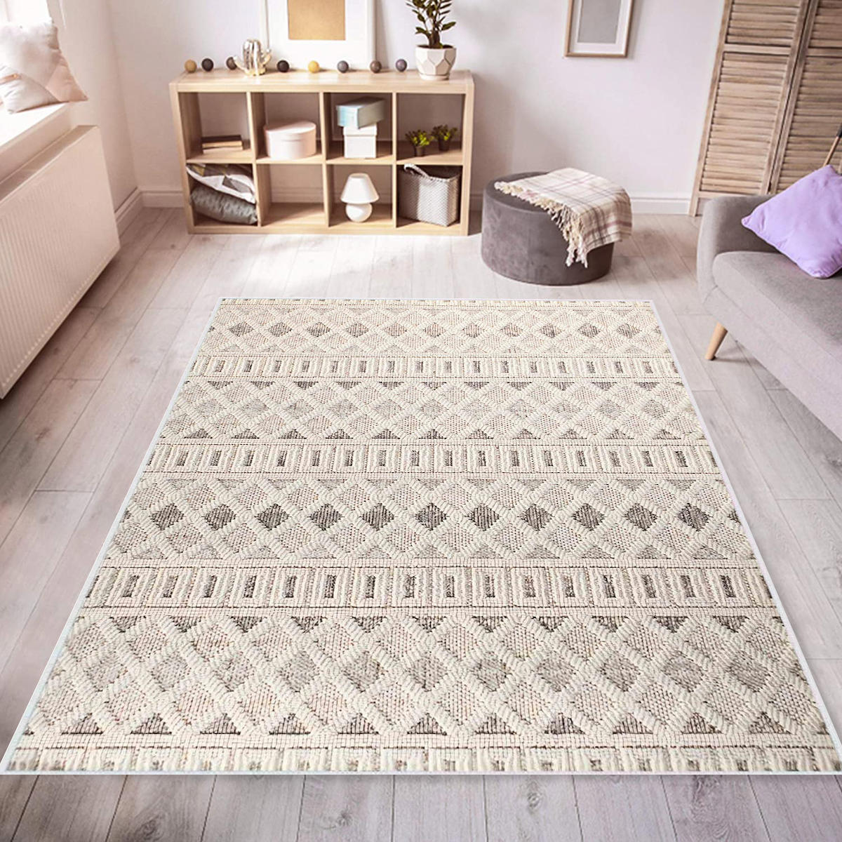 Rovigo Home RVG0534 Krem 8 mm Polyester Antibakteriyel-Leke Tutmaz-Toz Tutmaz Yıkanabilir İnce Kaymaz Dot Taban Dikdörtgen Makine Dokuma Salon Halısı 150x233 cm