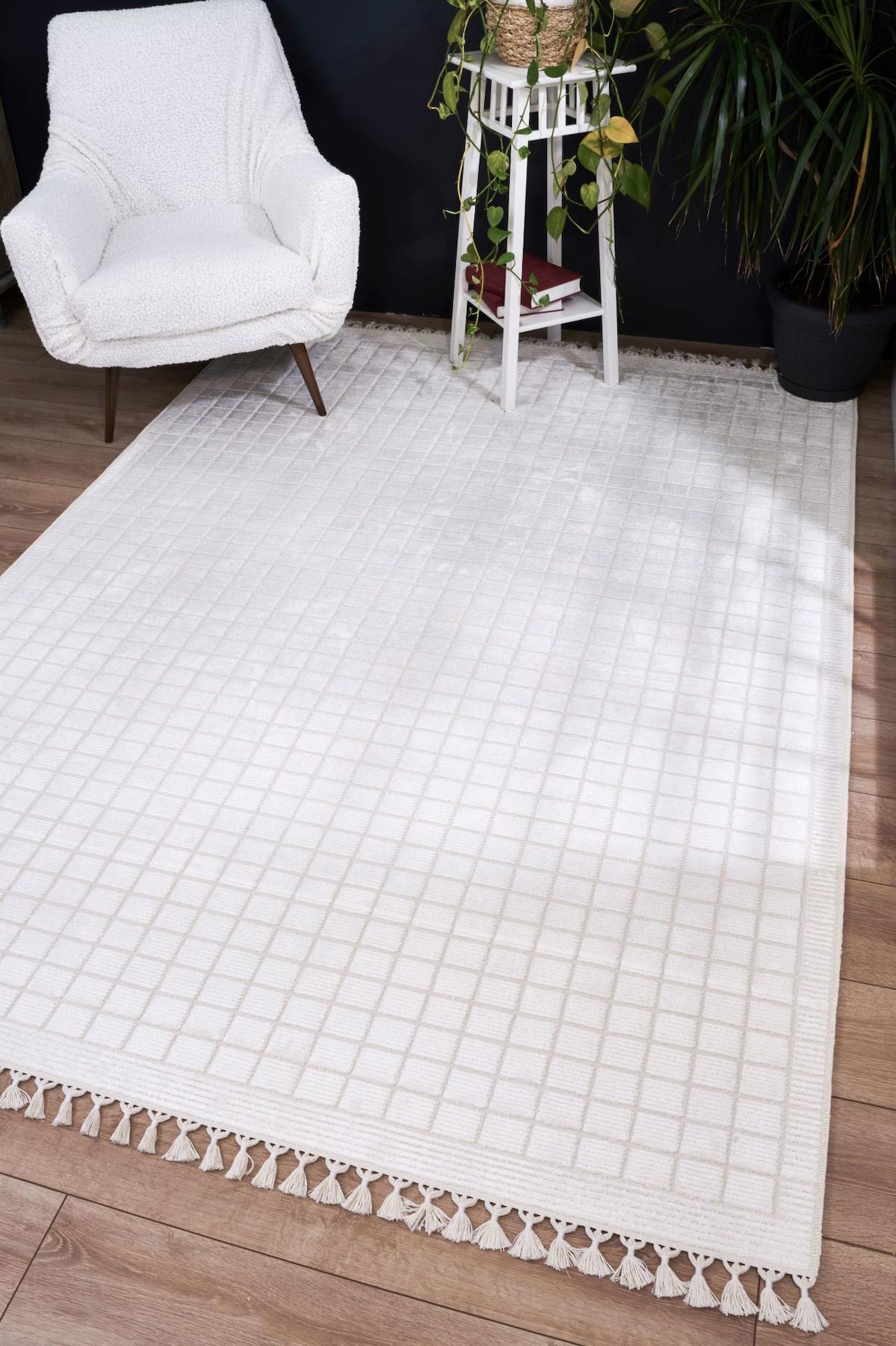 Apex Nüans 8805 Krem Pamuk Yıkanabilir İnce Kaymaz Jüt Taban Dikdörtgen Makine Dokuma Salon Halısı 100x150 cm