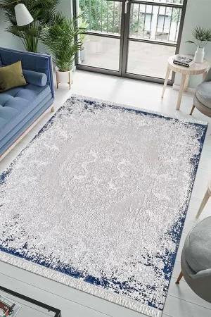 Pierre Cardin Voila ZQ01B Gri-Mavi 7 mm Pamuk Antibakteriyel Yıkanabilir Kalın Kaymaz Lateks Taban Dikdörtgen Makine Dokuma Salon Halısı 160x230 cm