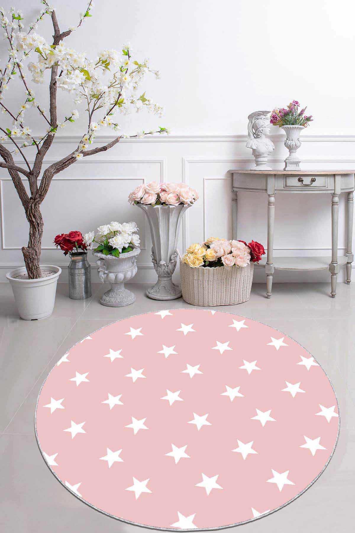Viva Home AR606 Pembe 7 mm Mikropolyester Leke Tutmaz Yıkanabilir İnce Kaymaz Dot Taban Yuvarlak Makine Dokuma Salon Halısı 160x300 cm
