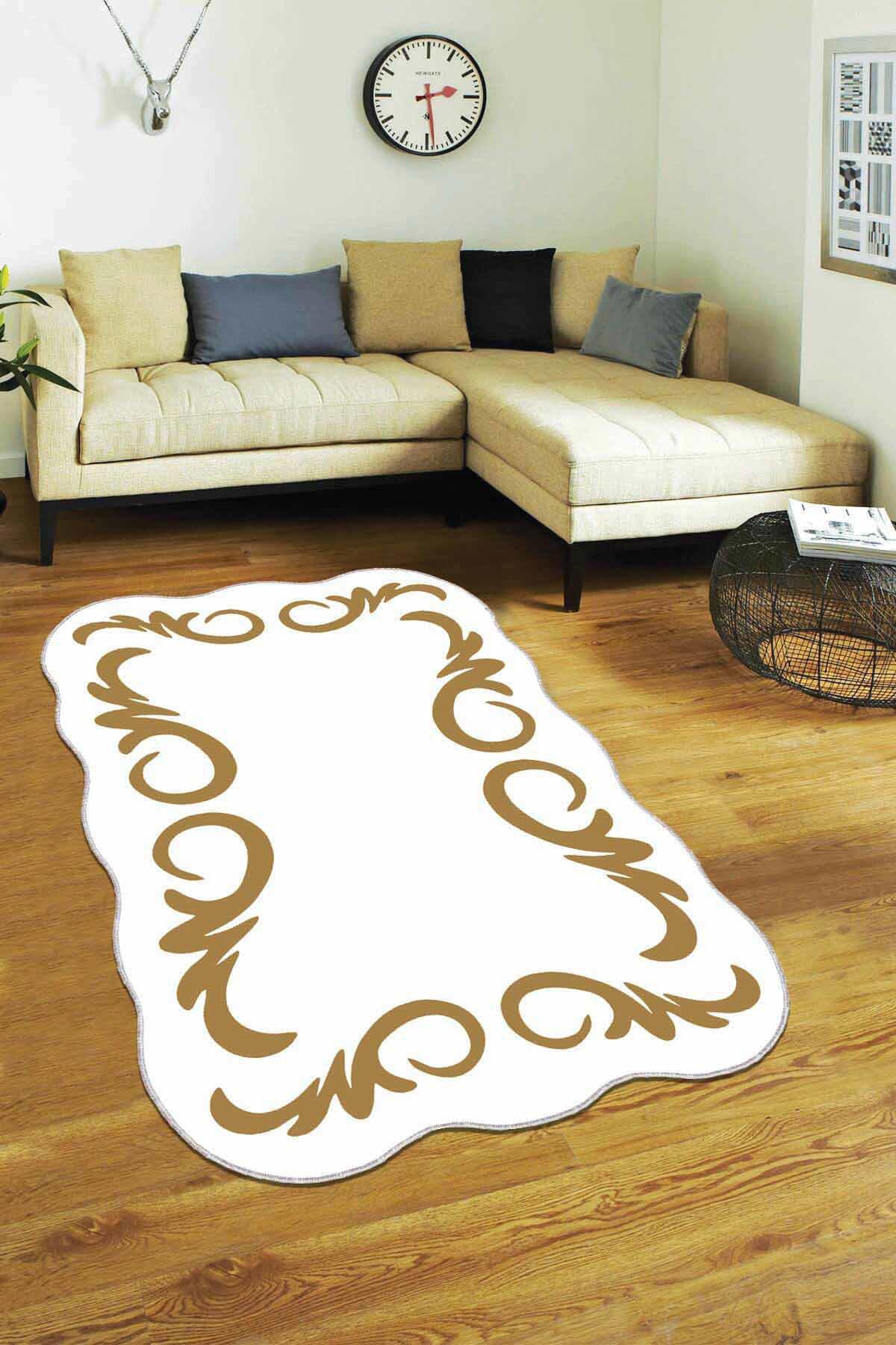 Viva Home AR002 Altın - Krem 7 mm Mikropolyester Leke tutmaz Yıkanabilir İnce Kaymaz Dot Taban Dikdörtgen Makine Dokuma Salon Halısı 160x230 cm