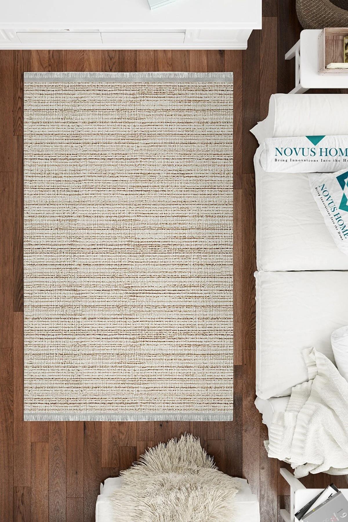 Novus Home Cotton Serisi Krem 5 mm Pamuk Antibakteriyel-Toz Tutmaz-Yalıtıma Yardımcı Yıkanabilir İnce Kaymaz Taban Dikdörtgen Makine Dokuma Antre-Salon-Yatak Odası Halısı 100x180 cm