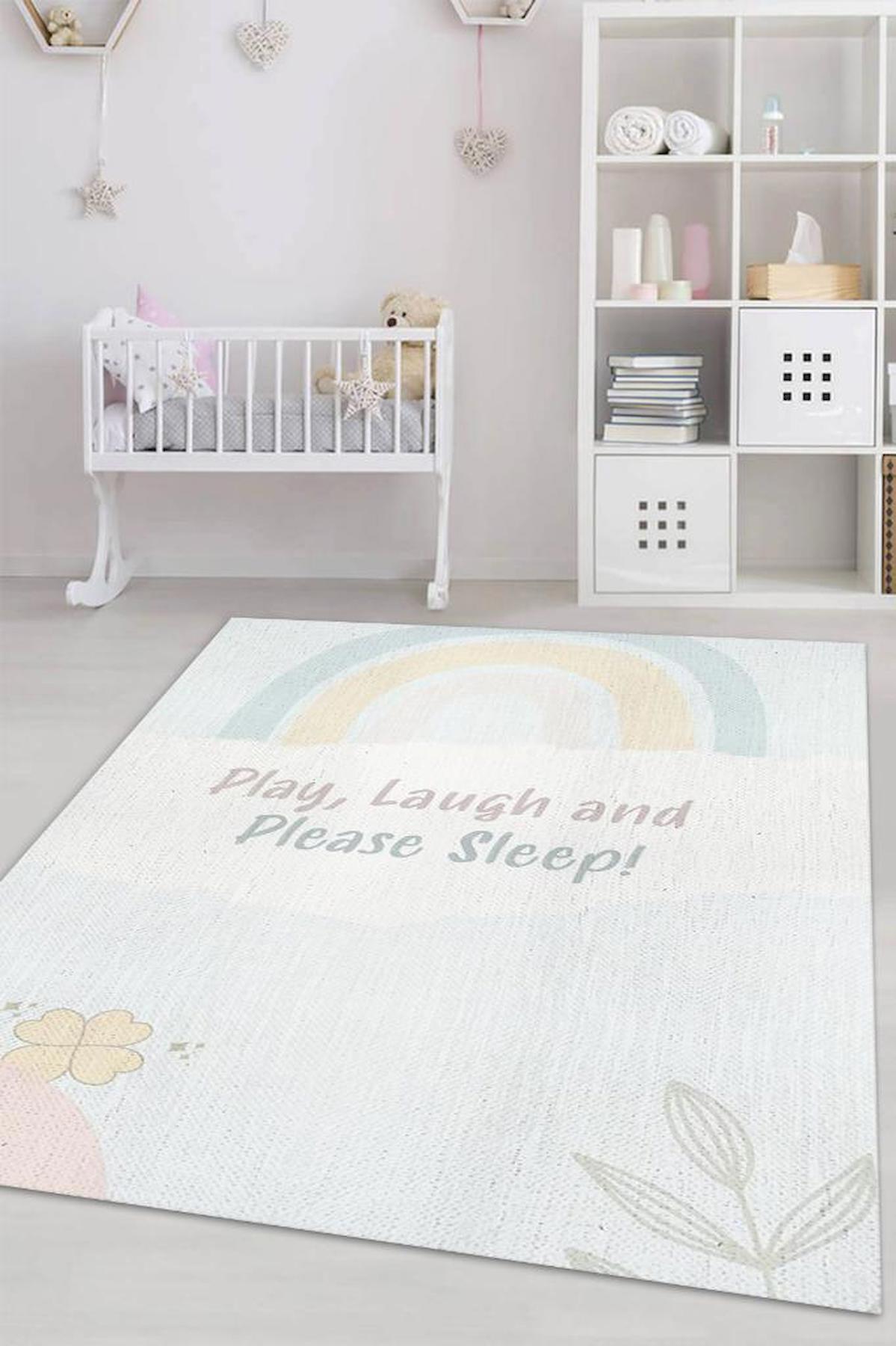 Homshtag Oyna Gül Ve Lütfen Uyu Krem 4 mm Pamuk Antistatik Yıkanabilir İnce Kaymaz Dikdörtgen Makine Dokuma Çocuk Odası Halısı 80x150 cm