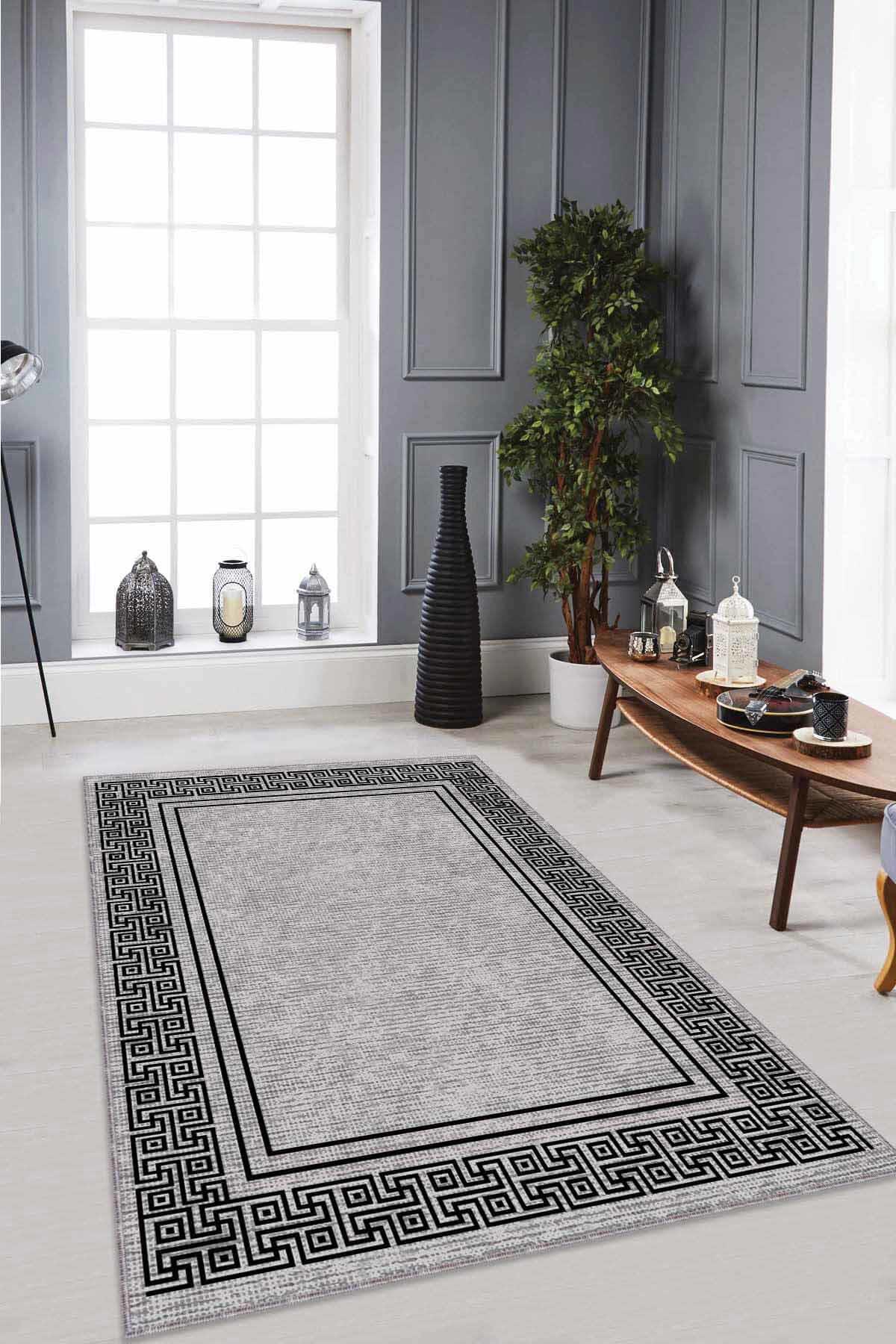 Viva Home RV042 Gri 7 mm Mikropolyester Toz Tutmaz Yıkanabilir İnce Kaymaz Dot Taban Dikdörtgen Makine Dokuma Salon Halısı 120x200 cm