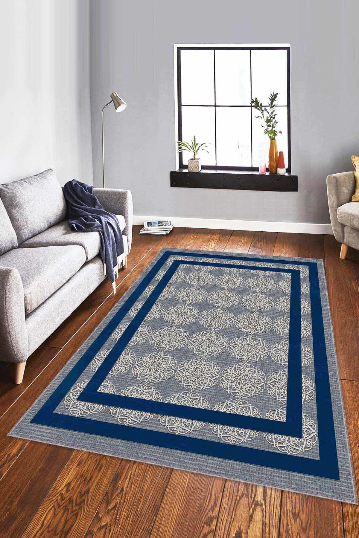 Viva Home RV086 Lacivert 7 mm Mikropolyester Leke tutmaz Yıkanabilir İnce Kaymaz Dikdörtgen Makine Dokuma Salon Halısı 120x180 cm