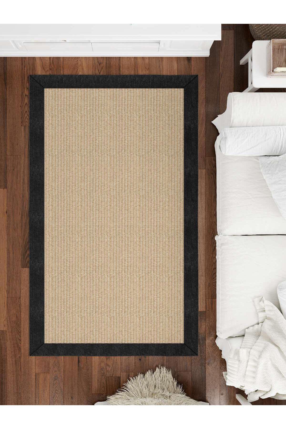İnspira Bej-Siyah 12 mm Polyester Kaymaz Taban Dikdörtgen Halı 100x200 cm
