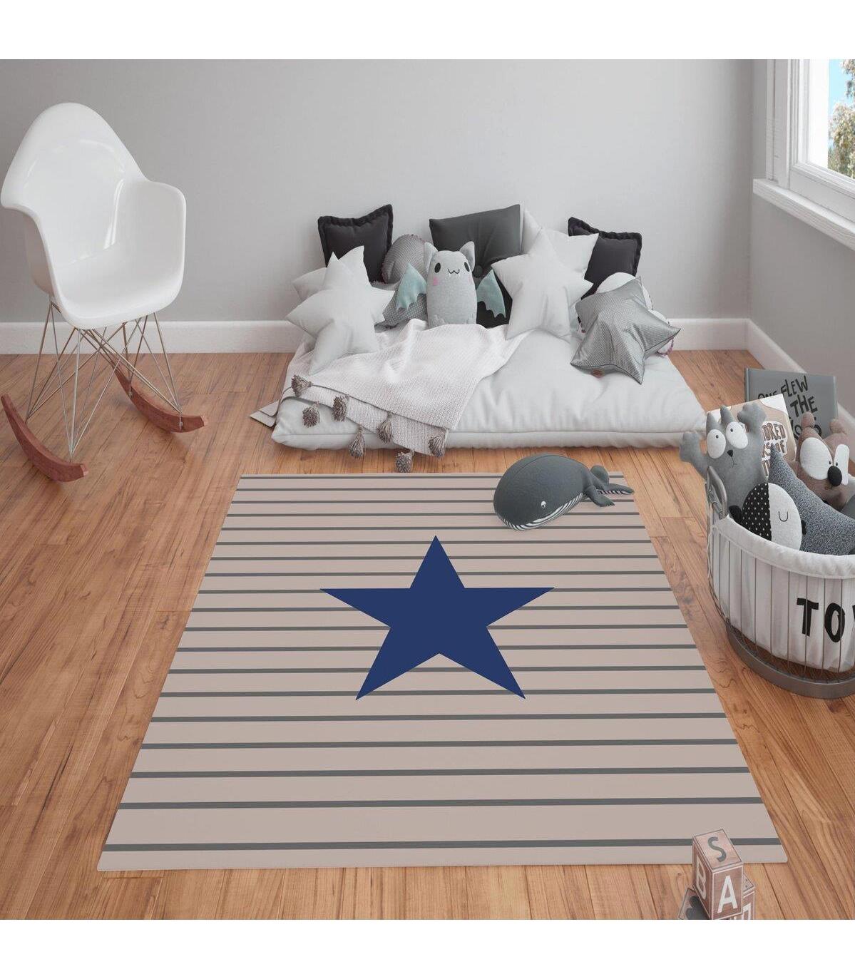 Doruklar Home Collection Krem - Mavi 0.7 mm Polyester Antibakteriyel Yıkanabilir Kalın Kaymaz Taban Dikdörtgen Makine Dokuma Çocuk Odası Halısı 180x180 cm