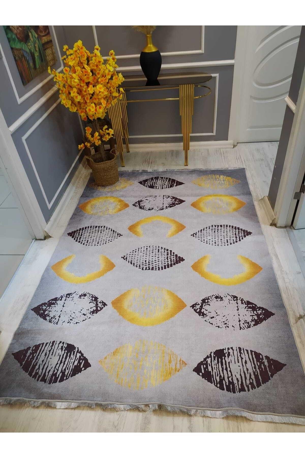 Doruklar Home Collection DRK8046 Gri 0.7 mm Pamuk Antibakteriyel Yıkanabilir İnce Kaymaz Deri-Dot Taban Doğa Temalı Dikdörtgen Makine Dokuma Salon Halısı 120x180 cm