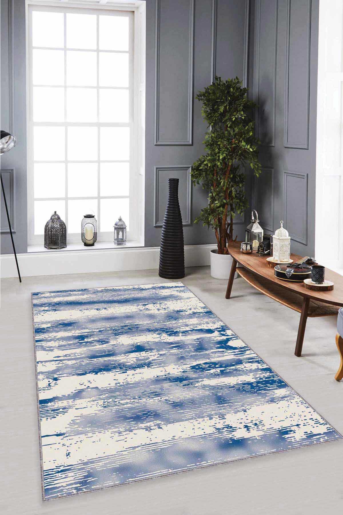 Viva Home MU05 Mavi 7 mm Mikropolyester Antialerjenik Yıkanabilir İnce Kaymaz Dot Taban Dikdörtgen Makine Dokuma Salon Halısı 80x150 cm