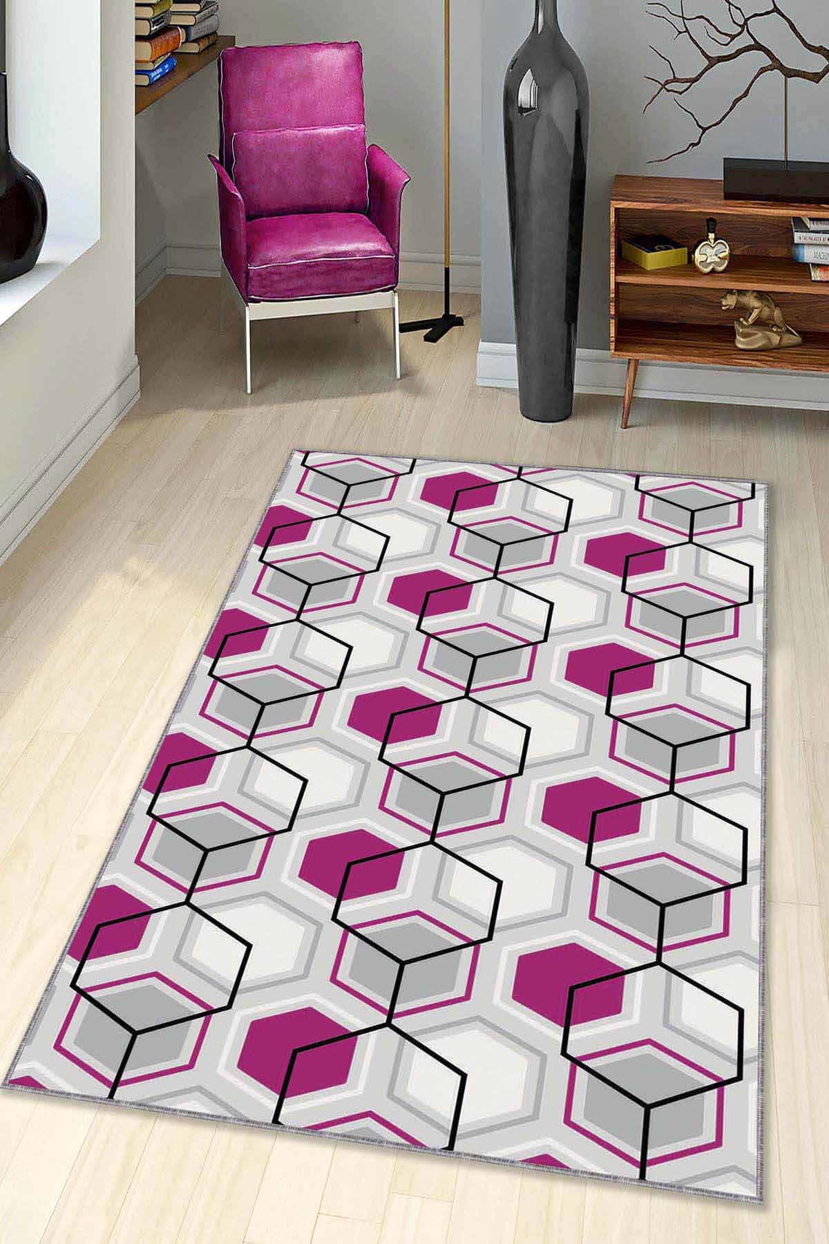 Viva Home BE02 Çok Renkli 7 mm Mikropolyester Silinebilir Yıkanabilir Kaymaz Dikdörtgen Makine Dokuma Salon Halısı 100x150 cm