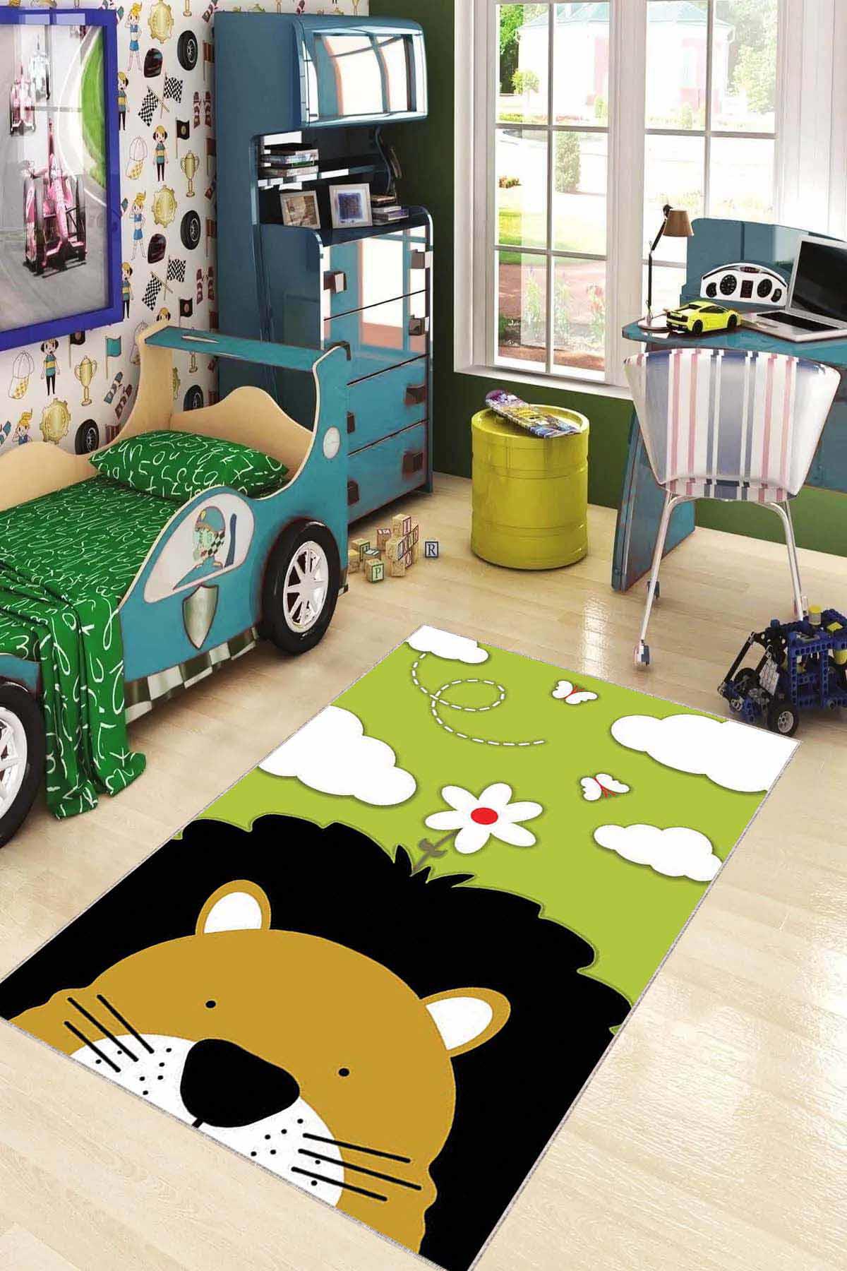 Viva Home KD040 Yeşil 7 mm Mikropolyester Yalıtıma Yardımcı Yıkanabilir İnce Kaymaz Taban Hayvan Desenli Dikdörtgen Makine Dokuma Çocuk Odası Halısı 140x200 cm