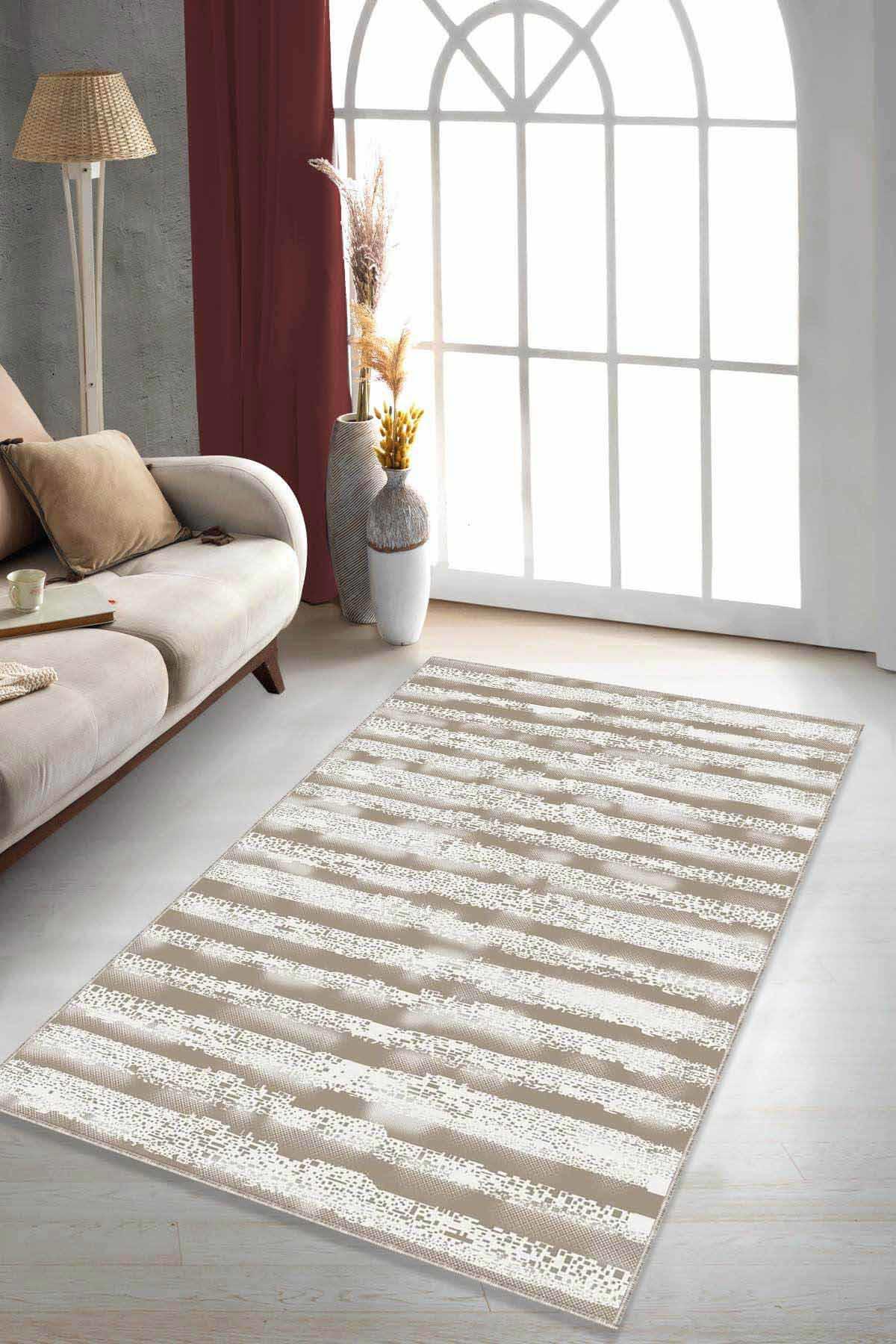 Viva Home FO04 Bej 7 mm Mikropolyester Leke Tutmaz Yıkanabilir İnce Kaymaz Dot Taban Dikdörtgen Makine Dokuma Salon Halısı 180x300 cm