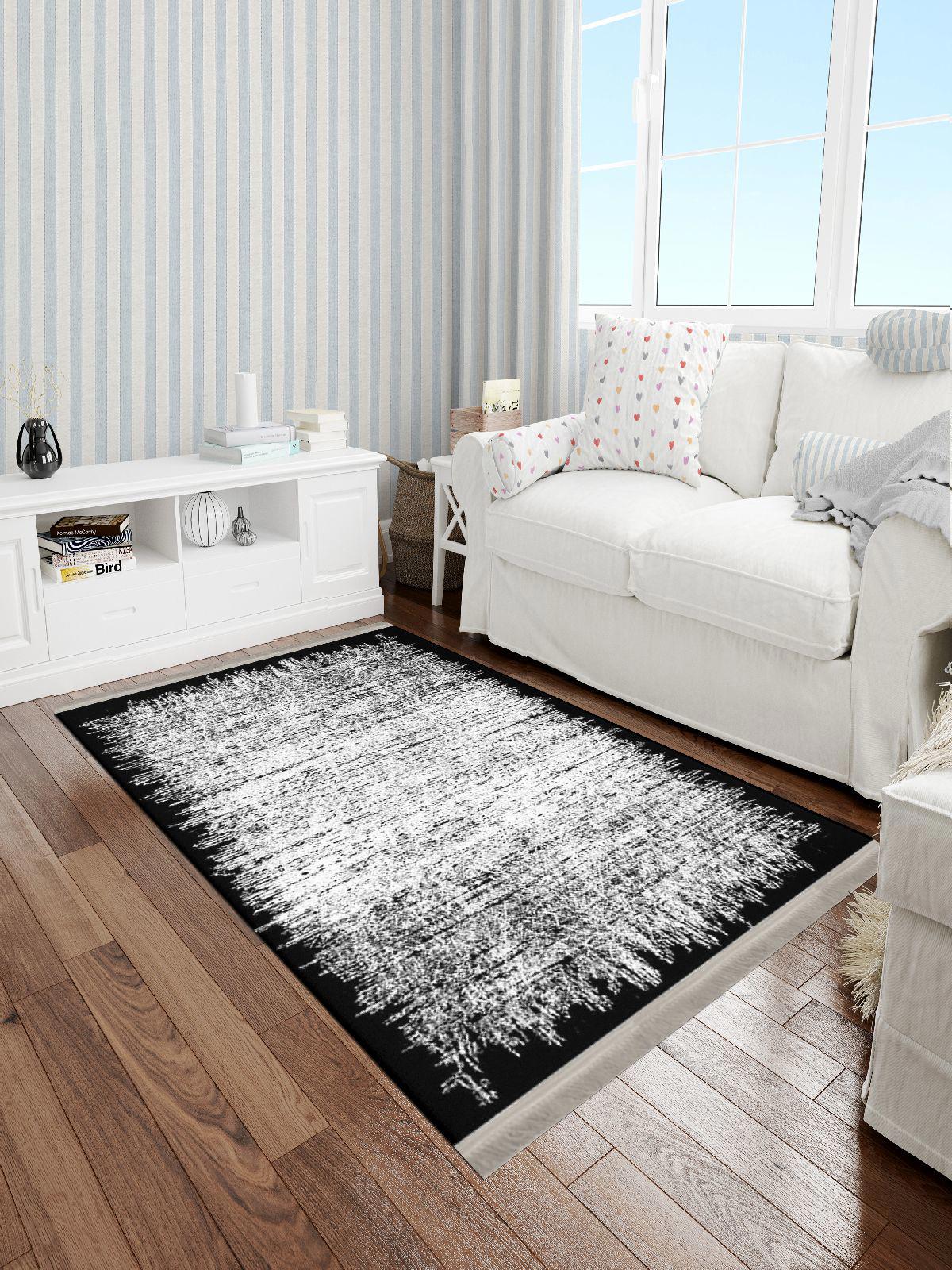 Enbe Collection E-DK5044B Beyaz - Siyah 5 mm Pamuk Antibakteriyel Yıkanabilir Orta Kaymaz Dot Taban Dikdörtgen Makine Dokuma Oturma Odası Halısı 80x150 cm