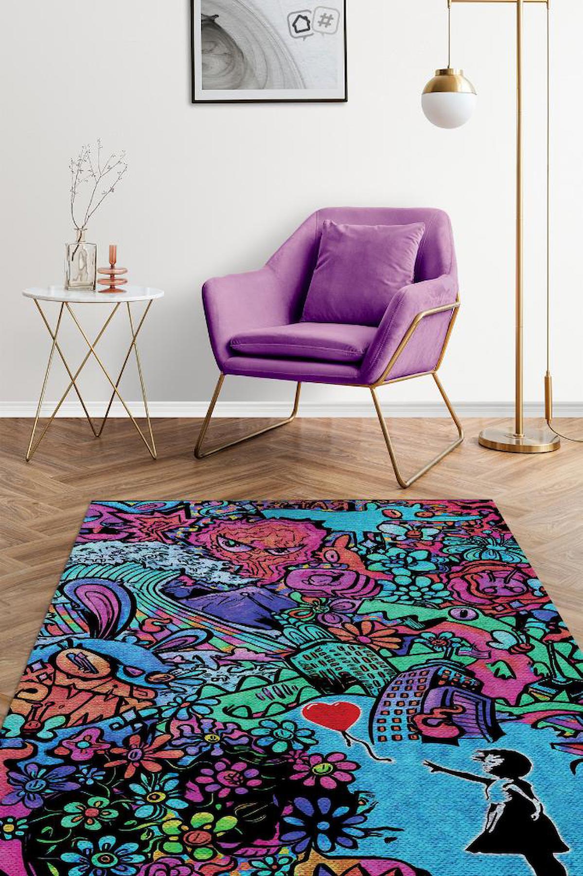Homshtag Balonlu Kızın Baktığı Yer Krem 4 mm Pamuk Antistatik Yıkanabilir İnce Kaymaz Dikdörtgen Makine Dokuma Genç Odası Halısı 156x230 cm