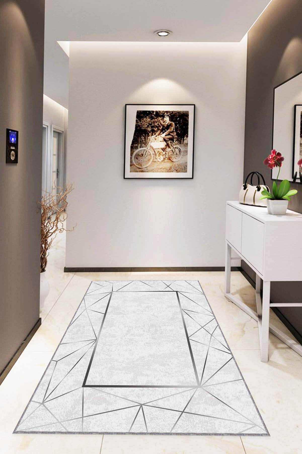 Viva Home RV011 Gri-Siyah 7 mm Mikropolyester Antibakteriyel Yıkanabilir Kalın Kaymaz Lateks Taban Dikdörtgen Makine Dokuma Salon Halısı