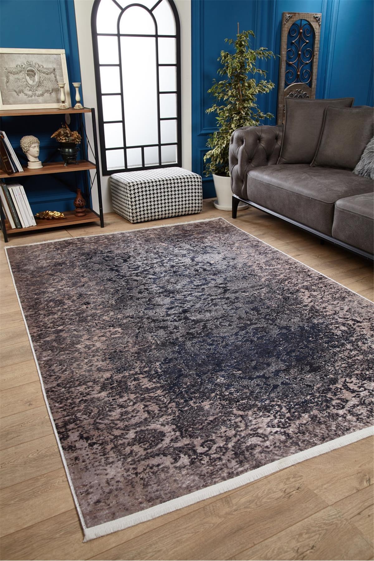 Usso HLN1856 Bej - Mavi 5 mm Pamuk-Polyester Antialerjenik-Antibakteriyel-Toz Tutmaz Yıkanabilir İnce Kaymaz Makine Dokuma Antre-Ofis-Oturma Odası-Salon-Yatak Odası Halısı 80x150 cm