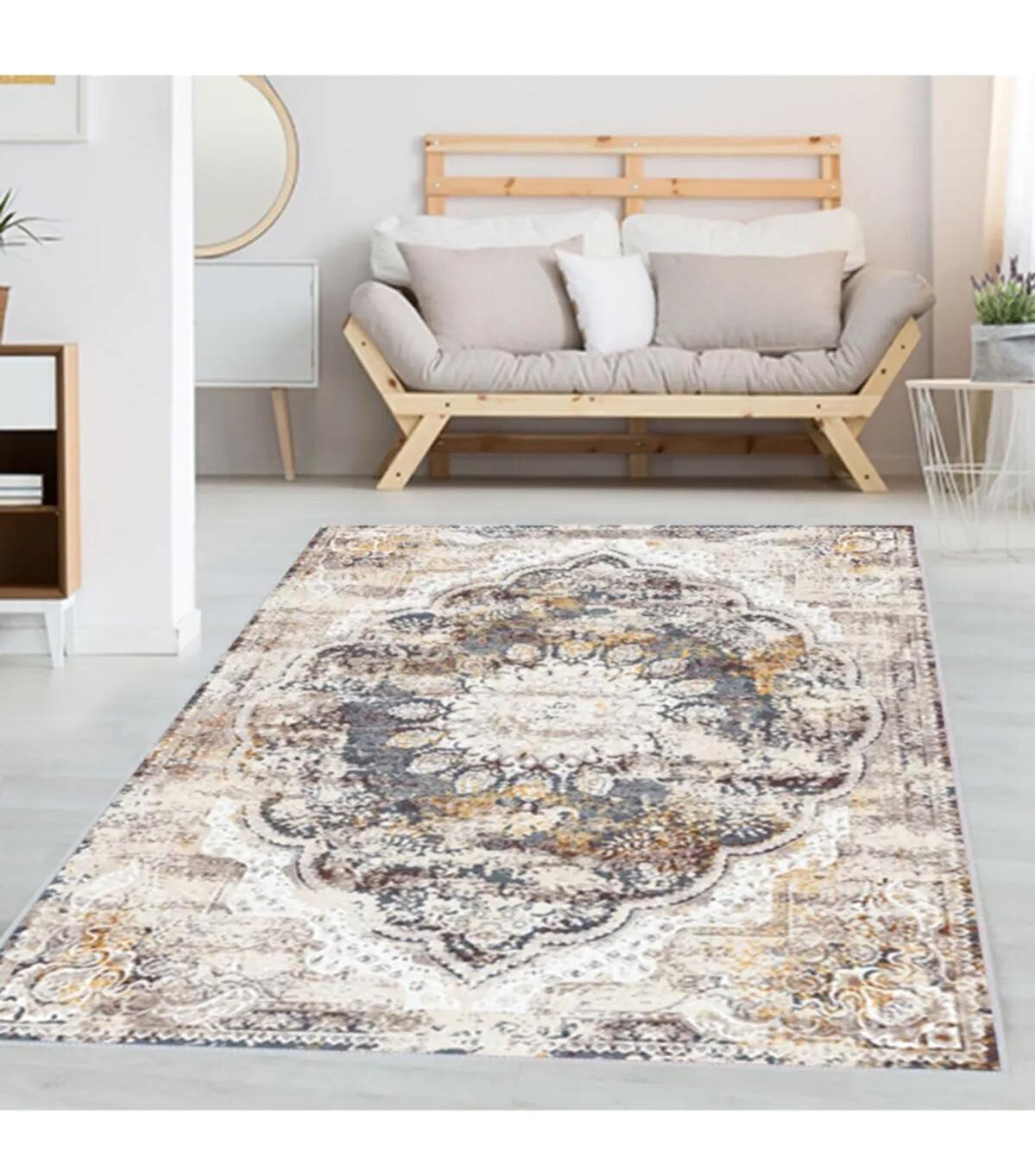 Rovigo Home RVG1338-HT631 Krem 8 mm Polyester Leke Tutmaz-Toz Tutmaz Yıkanabilir İnce Kaymaz Dot Taban Dikdörtgen Makine Dokuma Salon Halısı 80x150 cm