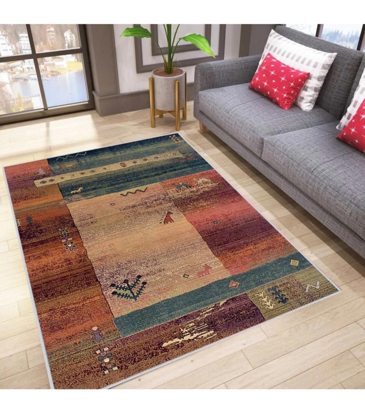 Rovigo Home RVG1026 Çok Renkli 8 mm Polyester Leke Tutmaz-Toz Tutmaz Yıkanabilir İnce Kaymaz Dot Taban Dikdörtgen Makine Dokuma Salon Halısı 140x200 cm