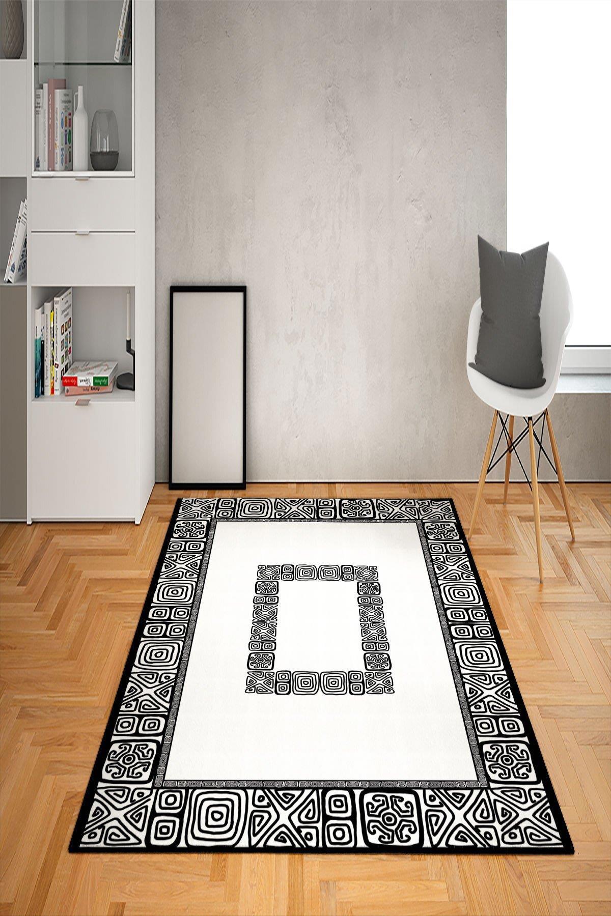 Doruklar Home Collection Krem 0.7 mm Yıkanabilir Kaymaz Taban Geometrik Dikdörtgen Makine Dokuma Halı