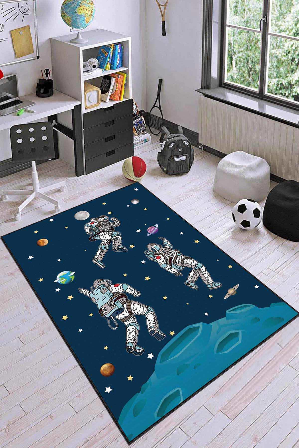Viva Home AR742 Lacivert 7 mm Mikropolyester Leke tutmaz Yıkanabilir İnce Kaymaz Dikdörtgen Makine Dokuma Çocuk Odası Halısı 140x200 cm