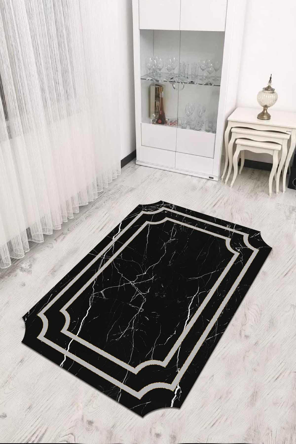 Viva Home RV312 Siyah 7 mm Mikropolyester Antibakteriyel Yıkanabilir Kalın Kaymaz Lateks Taban Dikdörtgen Makine Dokuma Salon Halısı 100x200 cm