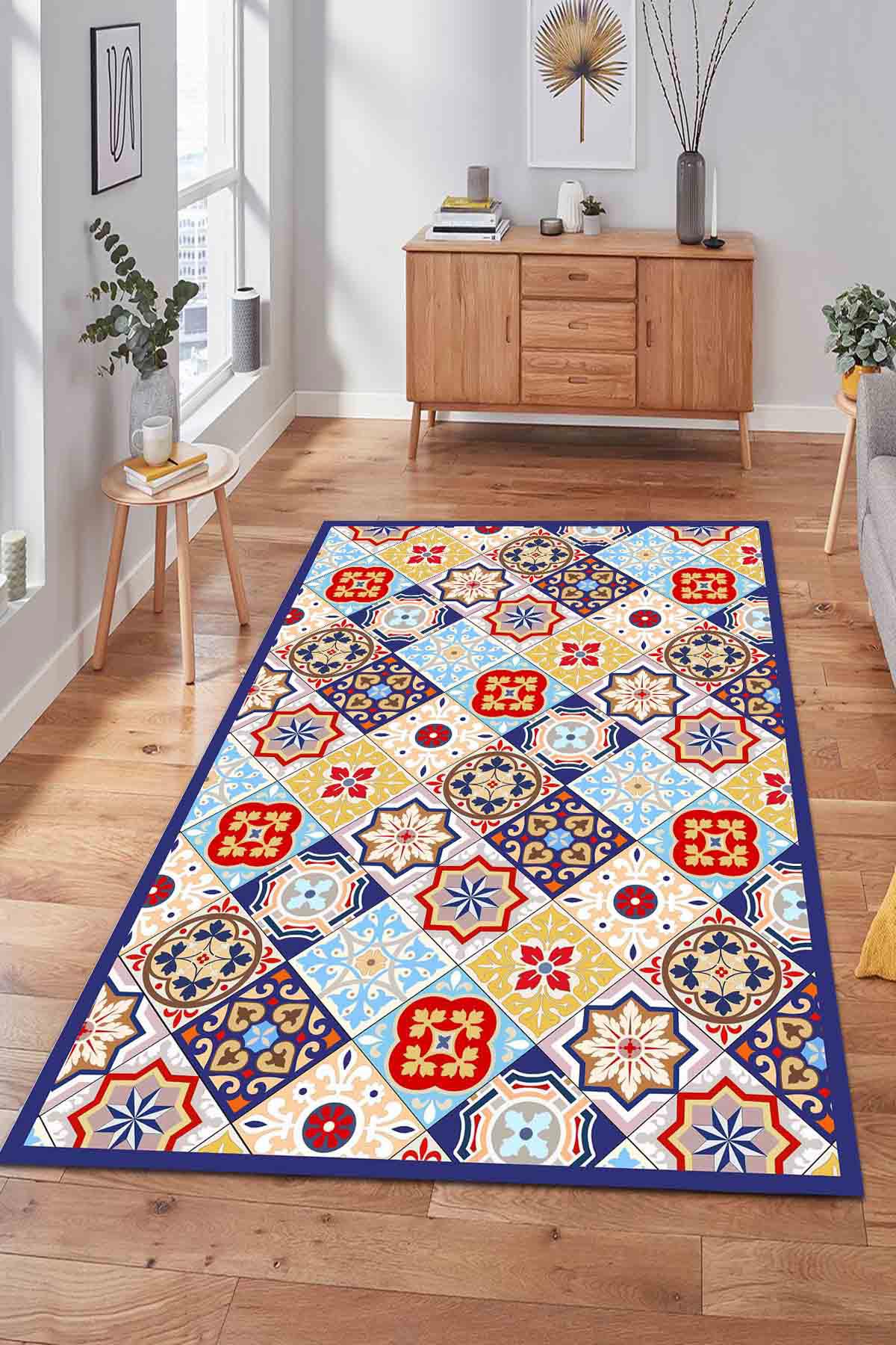 Latte Dizayn Tiago Çok Renkli 0.5 mm Pamuk Antibakteriyel Yıkanabilir İnce Kaymaz Pamuk Taban Dikdörtgen Makine Dokuma Salon Halısı 150x233 cm