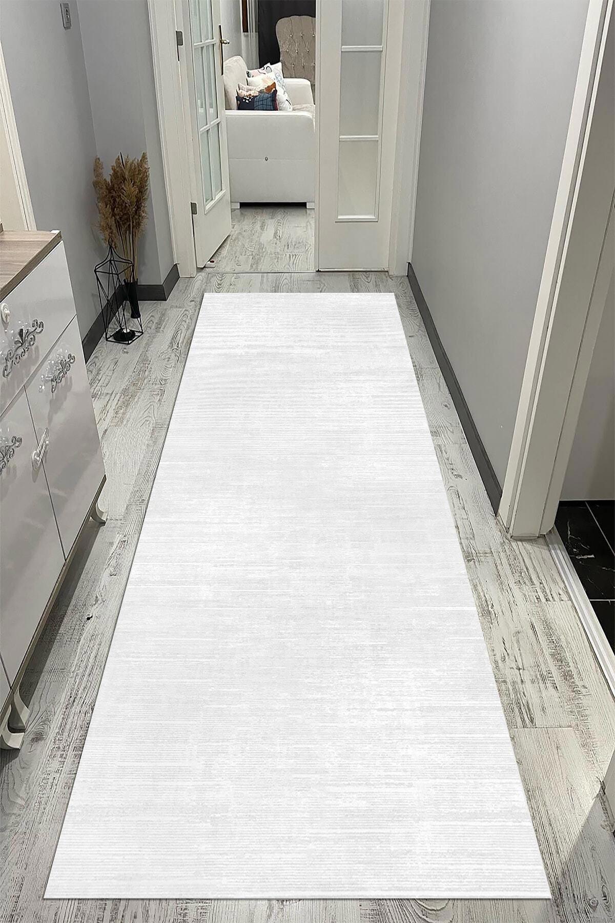 Aldora A28-1 Beyaz 9 mm Deri Antibakteriyel Yıkanabilir İnce Kaymaz Suni Deri Taban Dikdörtgen Makine Dokuma Salon Halısı 80x300 cm