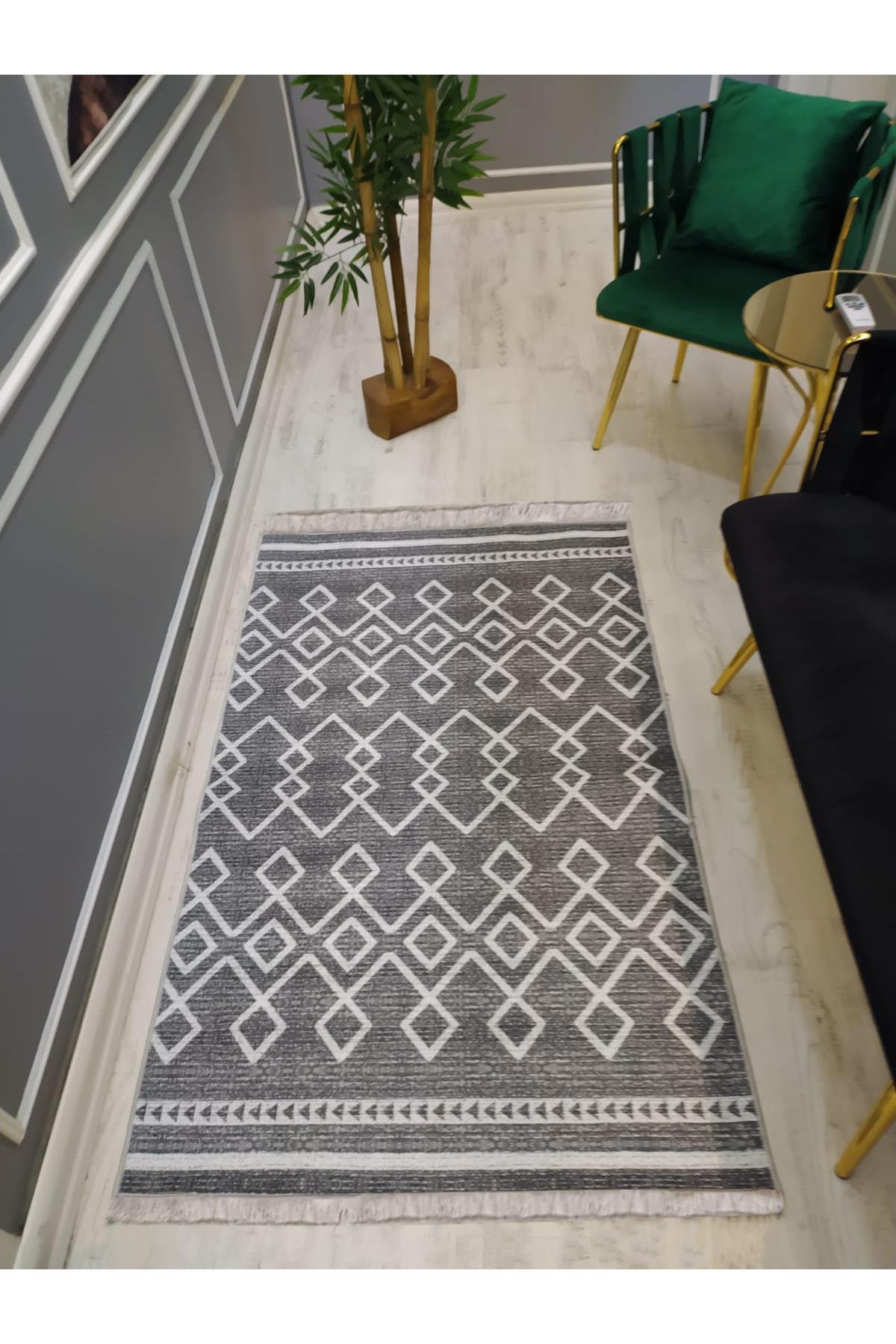 Sarar Gri 0.7 mm Pamuk Yıkanabilir Kaymaz Taban Dikdörtgen Makine Dokuma Halı 80x120 cm