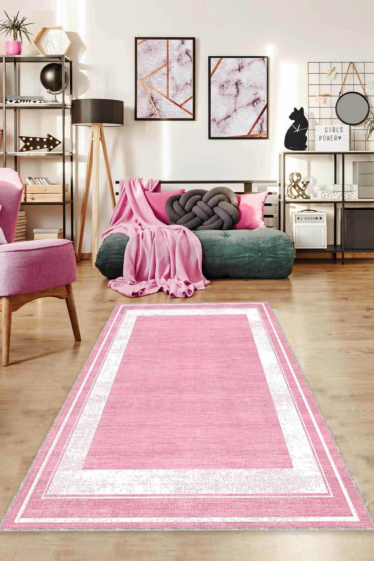 Viva Home AR532 Pembe 7 mm Mikropolyester Leke Tutmaz Yıkanabilir İnce Kaymaz Dot Taban Dikdörtgen Makine Dokuma Salon Halısı 170x240 cm