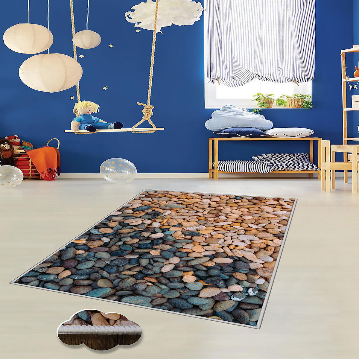 Homefesto Krem 5 mm Polyester Leke Tutmaz Yıkanabilir İnce Kaymaz Taban Doğa Temalı Dikdörtgen Makine Dokuma Çocuk Odası Halısı 160x230 cm