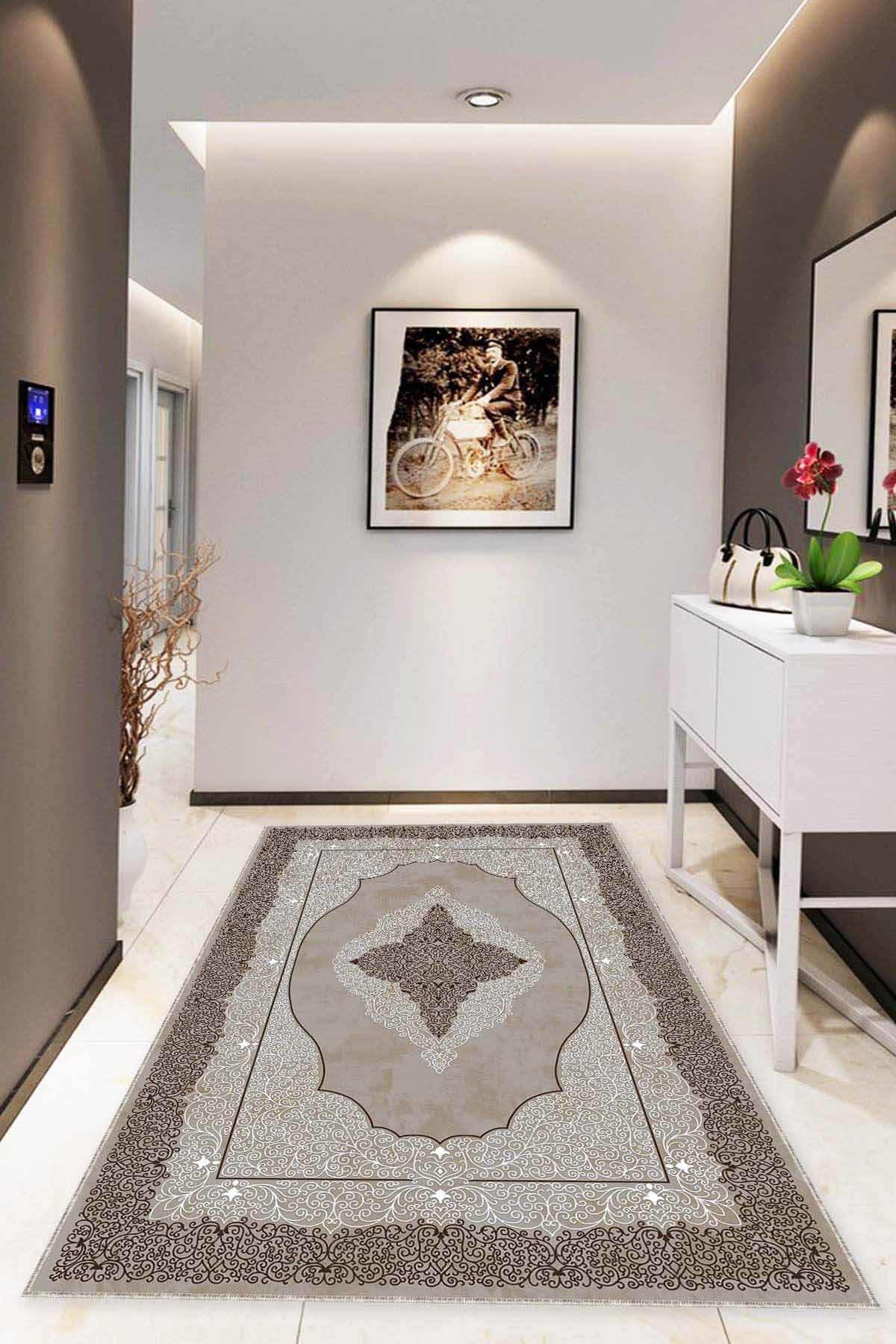 Viva Home MK25 Bej 7 mm Mikropolyester Leke Tutmaz Yıkanabilir İnce Kaymaz Dot Taban Dikdörtgen Makine Dokuma Salon Halısı 160x230 cm