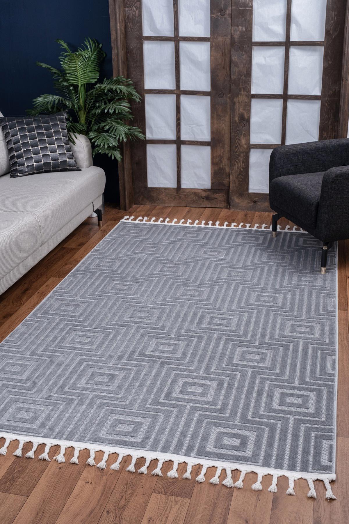 Valery Home Beyaz-Gri 12 mm Polipropilen Yıkanabilir İnce Kaymaz Lateks Taban Dikdörtgen Makine Dokuma Oturma Odası-Salon Halısı 80x150 cm