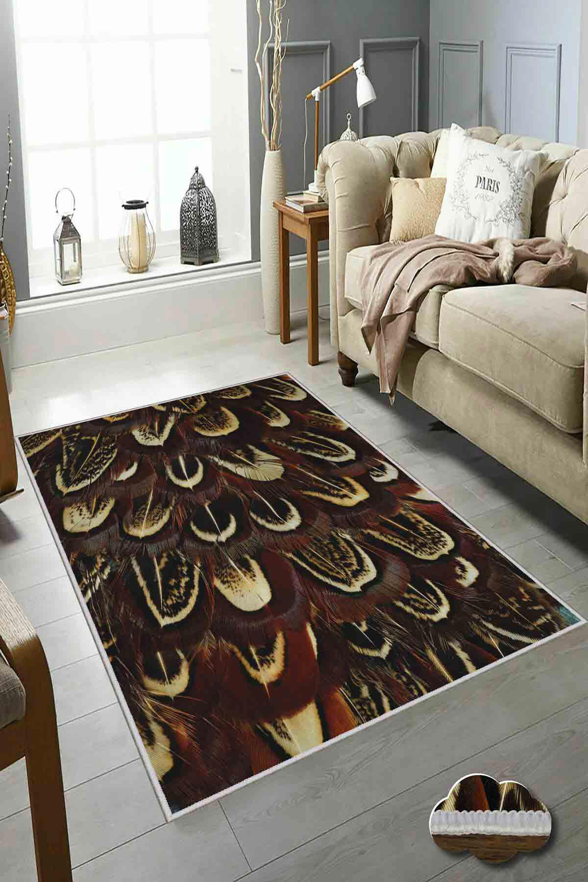 Homefesto Krem 5 mm Polyester Leke Tutmaz Yıkanabilir İnce Kaymaz Taban Üç Boyutlu Dikdörtgen Makine Dokuma Salon Halısı 140x200 cm