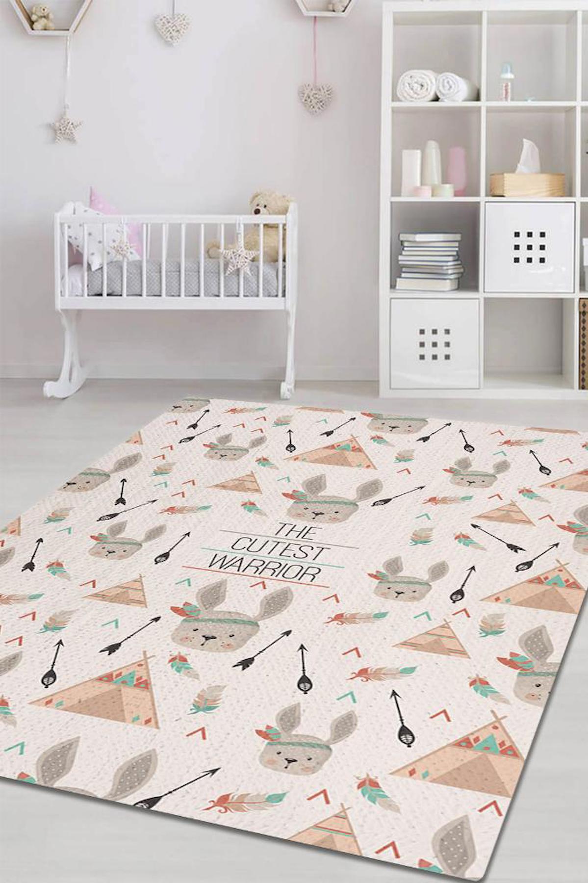 Homshtag En Tatlı Savaşçı Krem 4 mm Pamuk Antistatik Yıkanabilir İnce Kaymaz Dikdörtgen Makine Dokuma Çocuk Odası Halısı 100x300 cm