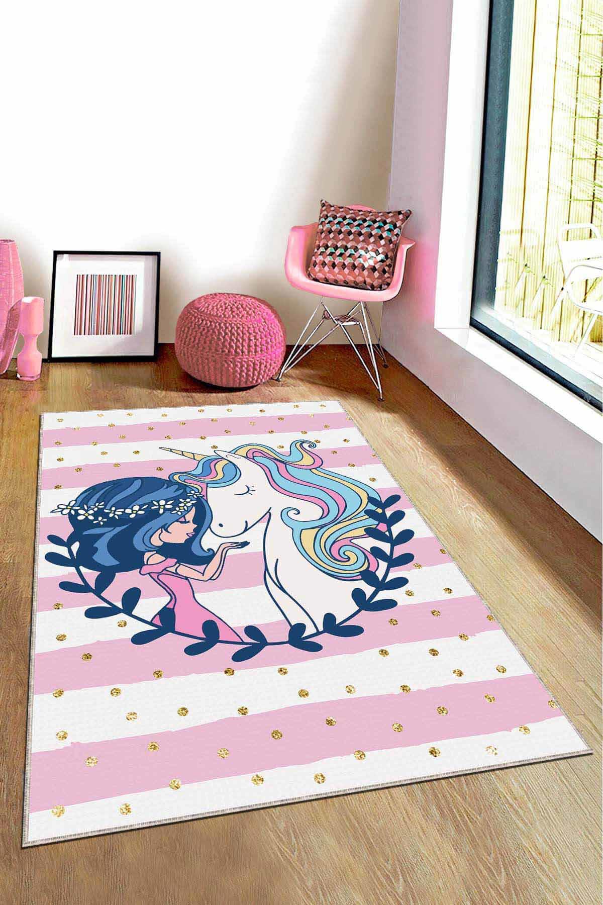 Viva Home AR782 Pembe 7 mm Mikropolyester Leke Tutmaz Yıkanabilir İnce Kaymaz Dot Taban Dikdörtgen Makine Dokuma Çocuk Odası Halısı 80x500 cm