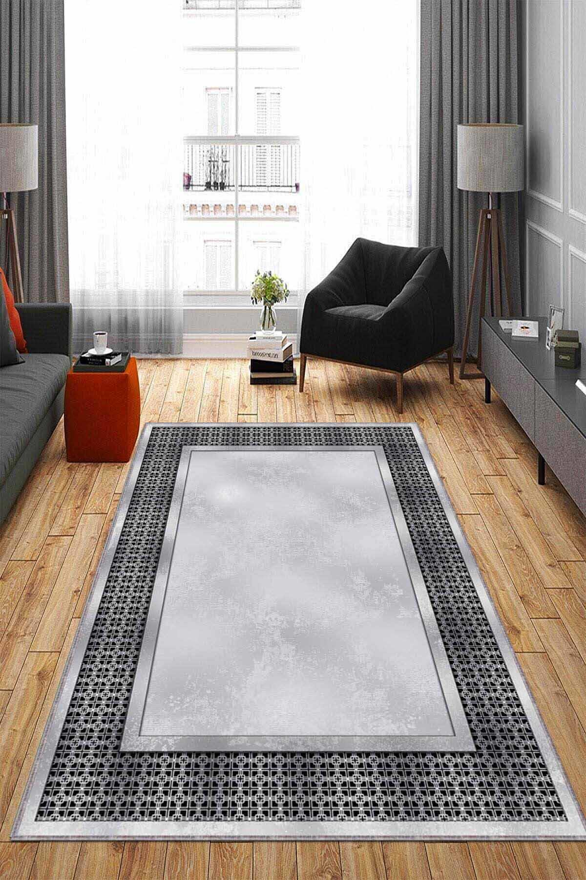 Viva Home AR734 Gri 7 mm Mikropolyester Toz Tutmaz Yıkanabilir İnce Kaymaz Dot Taban Dikdörtgen Makine Dokuma Salon Halısı 160x235 cm