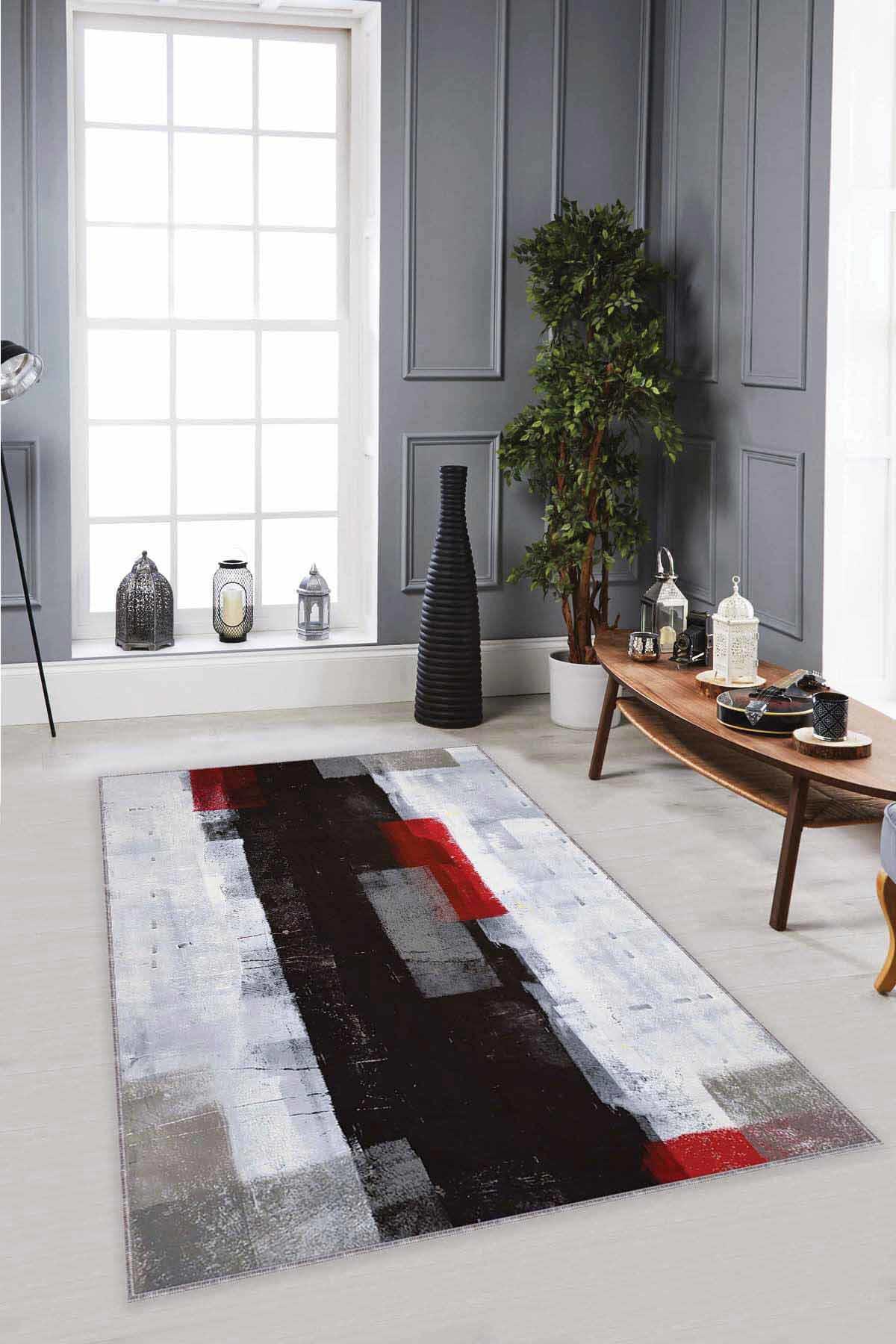 Viva Home MX07 Kırmızı-Siyah 7 mm Mikropolyester Antibakteriyel Yıkanabilir İnce Kaymaz Lateks Taban Dikdörtgen Makine Dokuma Salon Halısı 100x150 cm