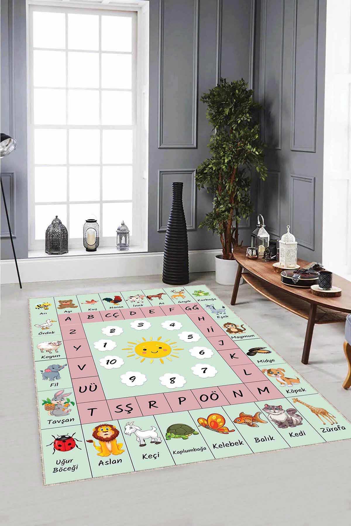 Viva Home AR760 Su Yeşili 7 mm Mikropolyester Hav Tutmaz İnce Kaymaz Dot Taban Dikdörtgen Makine Dokuma Çocuk Odası Halısı 120x200 cm