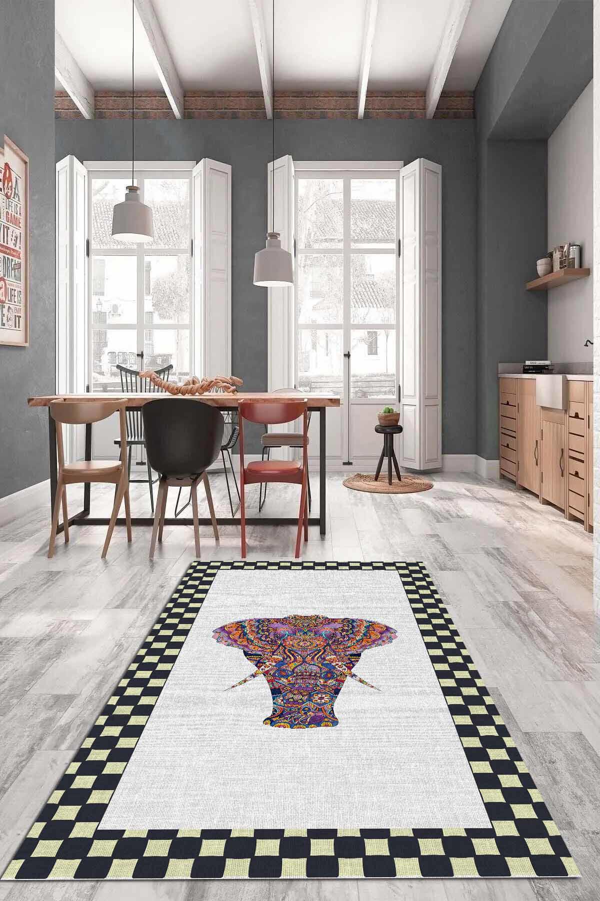 Aida Home Elephant Krem 0.5 mm Pamuk Antibakteriyel Yıkanabilir İnce Kaymaz Taban Dikdörtgen Makine Dokuma Oturma Odası-Salon Halısı 80x300 cm
