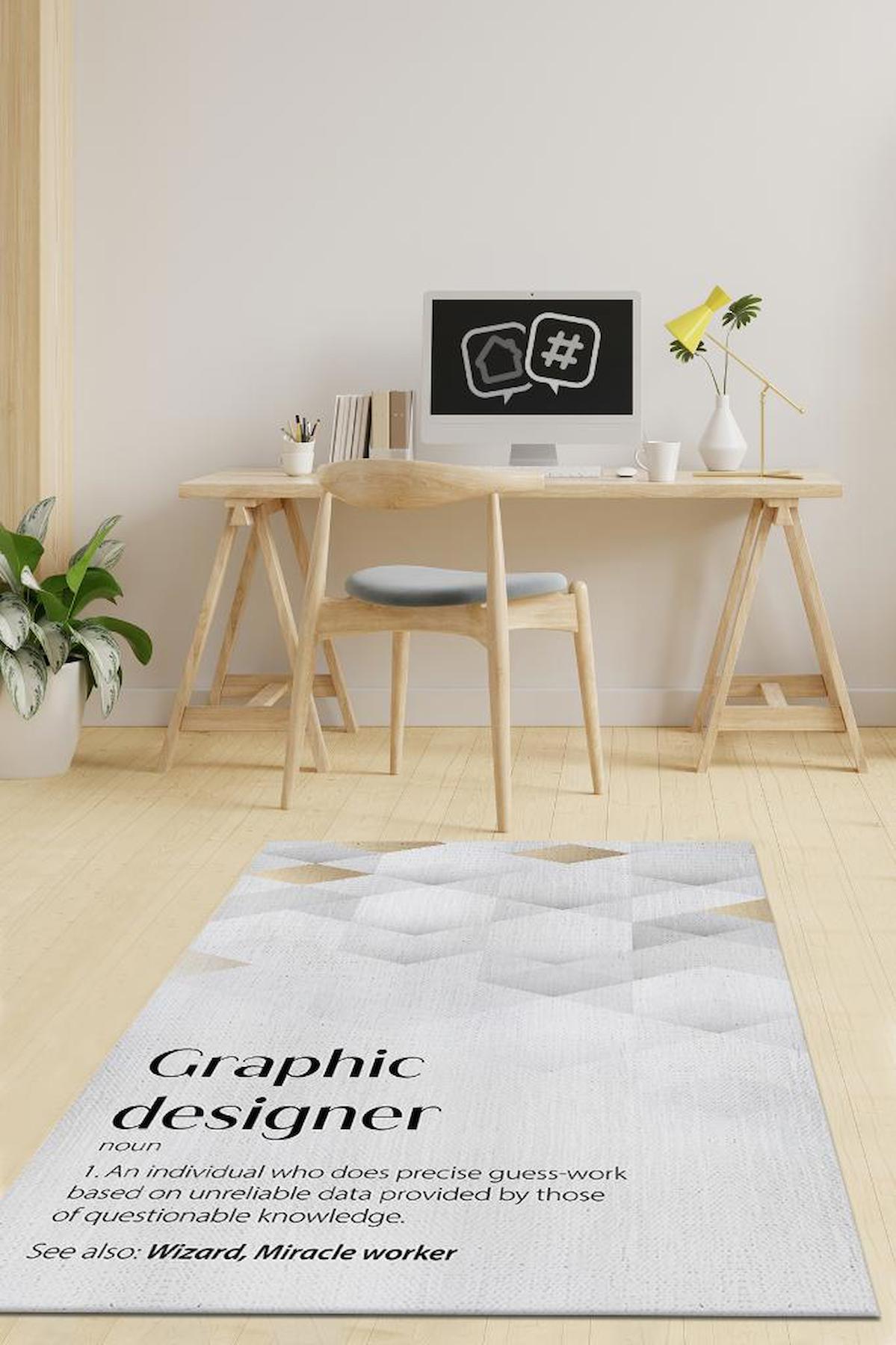 Homshtag Grafik Tasarımcı Krem 4 mm Pamuk Antistatik Yıkanabilir İnce Kaymaz Dikdörtgen Makine Dokuma Ofis Halısı 200x290 cm