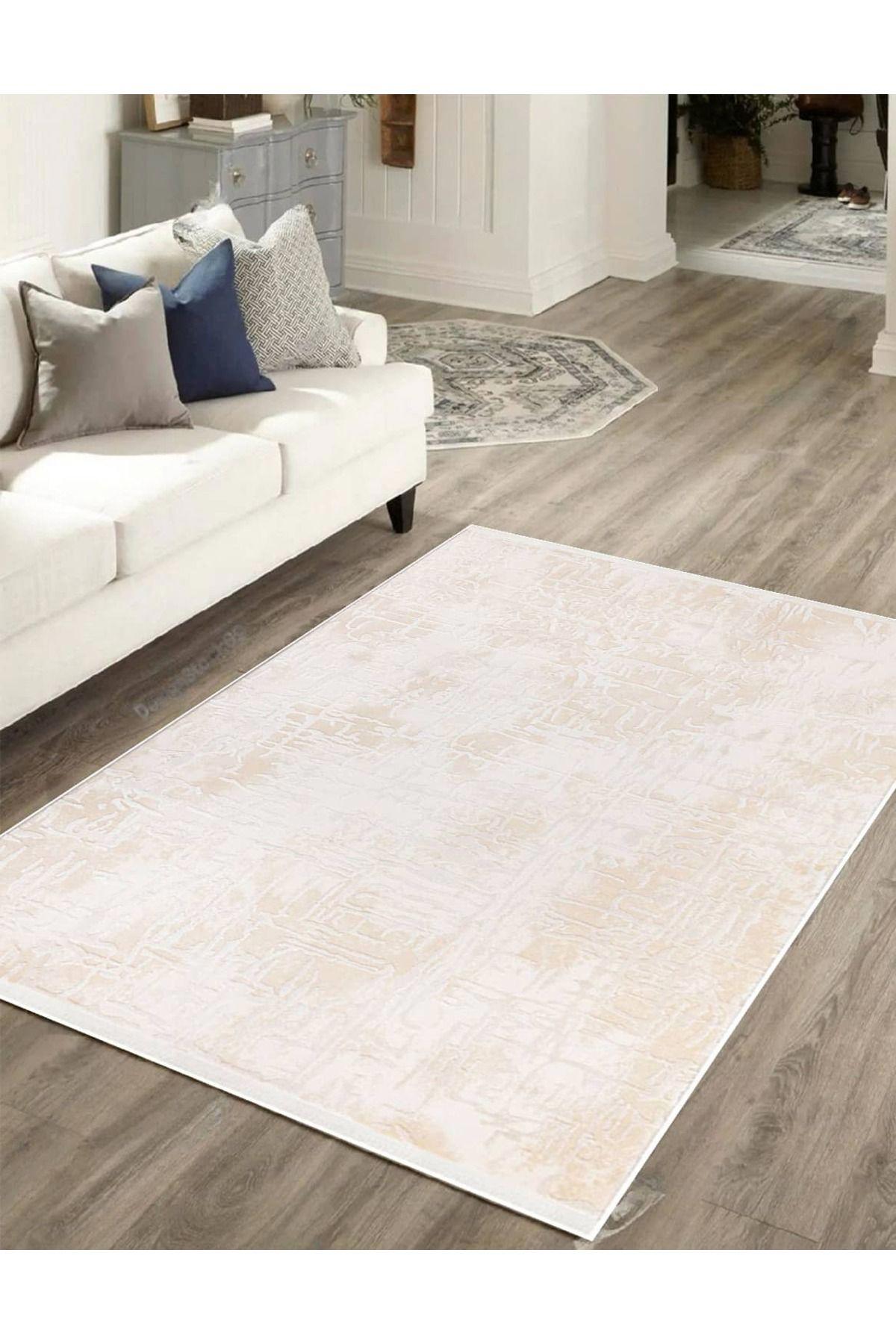İpek Mekik Halı Gaspara Bej-Krem 10 mm Akrilik Yıkanabilir Orta Kaymaz Pamuk Taban Dikdörtgen Makine Dokuma Antre-Çocuk Odası-Salon-Yatak Odası Halısı 80x150 cm