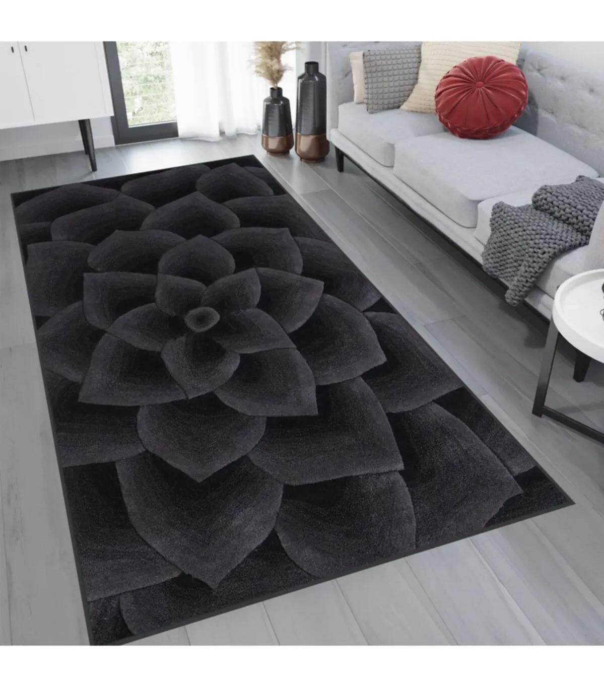 Rovigo Home RVG1180 Siyah 8 mm Polyester Leke Tutmaz-Toz Tutmaz Yıkanabilir İnce Kaymaz Dot Taban Dikdörtgen Makine Dokuma Salon Halısı 80x500 cm