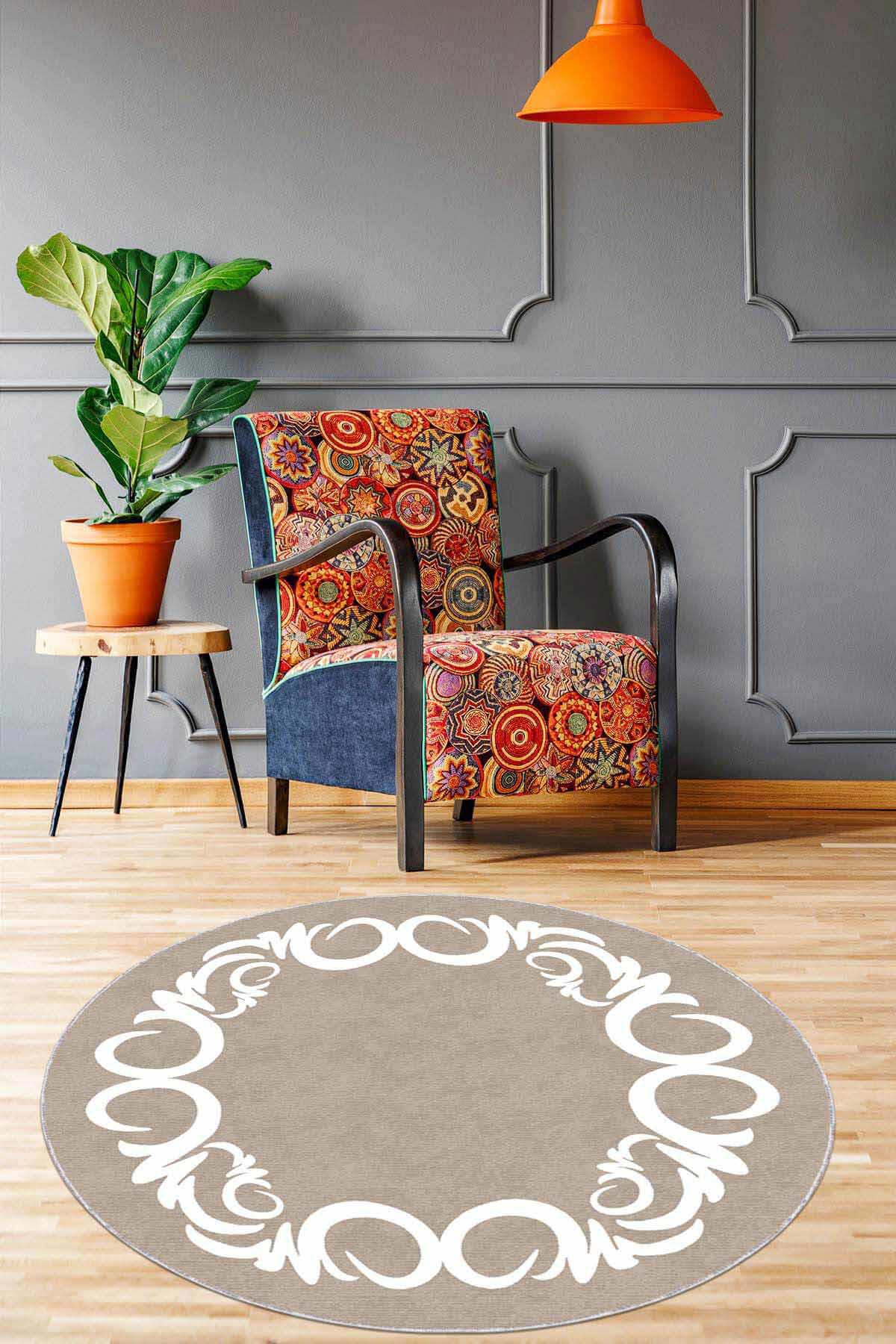 Viva Home AR509 Bej 7 mm Mikropolyester Yıkanabilir İnce Kaymaz Jüt Taban Yuvarlak Makine Dokuma Salon Halısı 120x180 cm