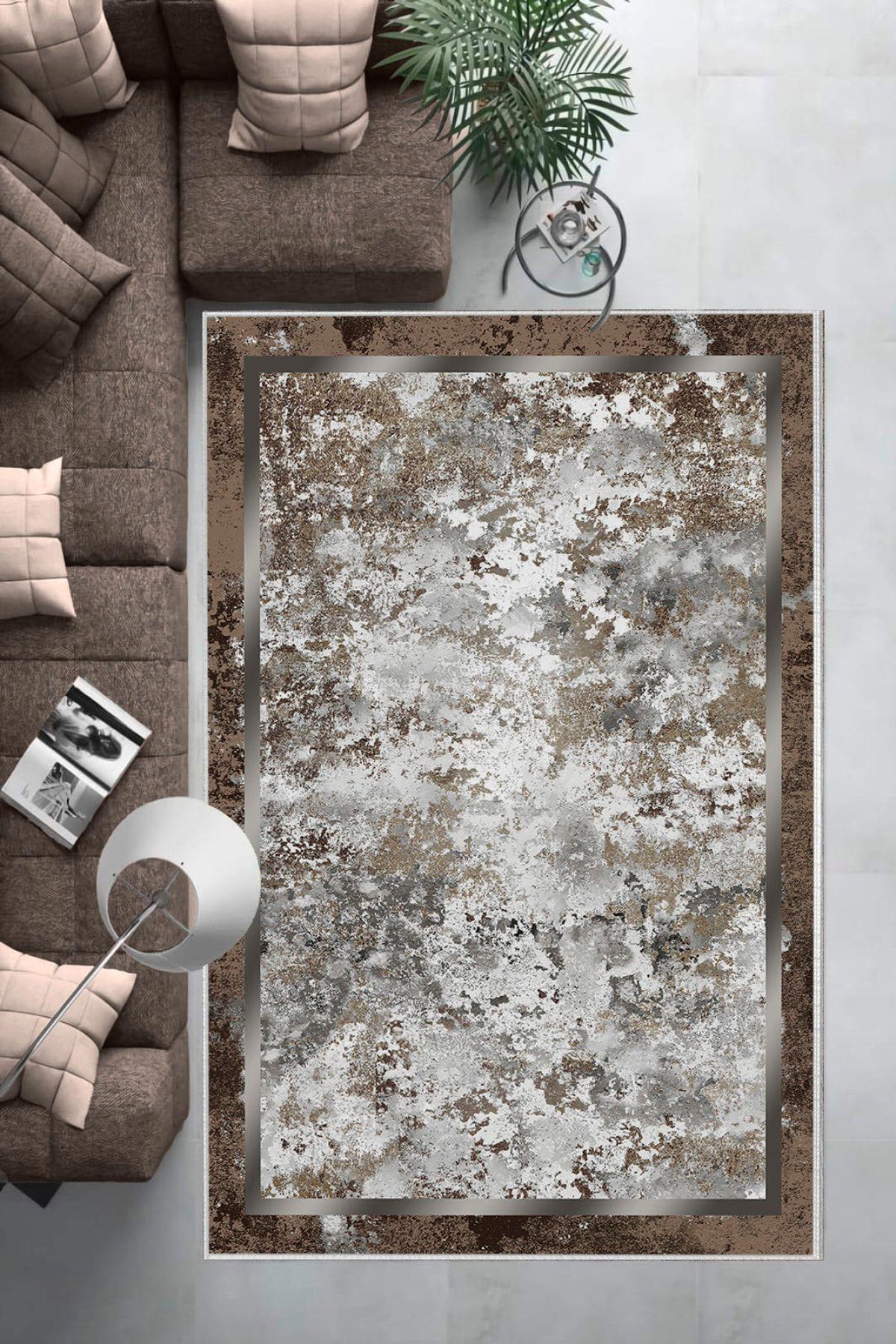 Aldora B1244 Kahverengi 9 mm Deri Toz Tutmaz Yıkanabilir Orta Kaymaz Taban Dikdörtgen Makine Dokuma Salon Halısı 70x110 cm