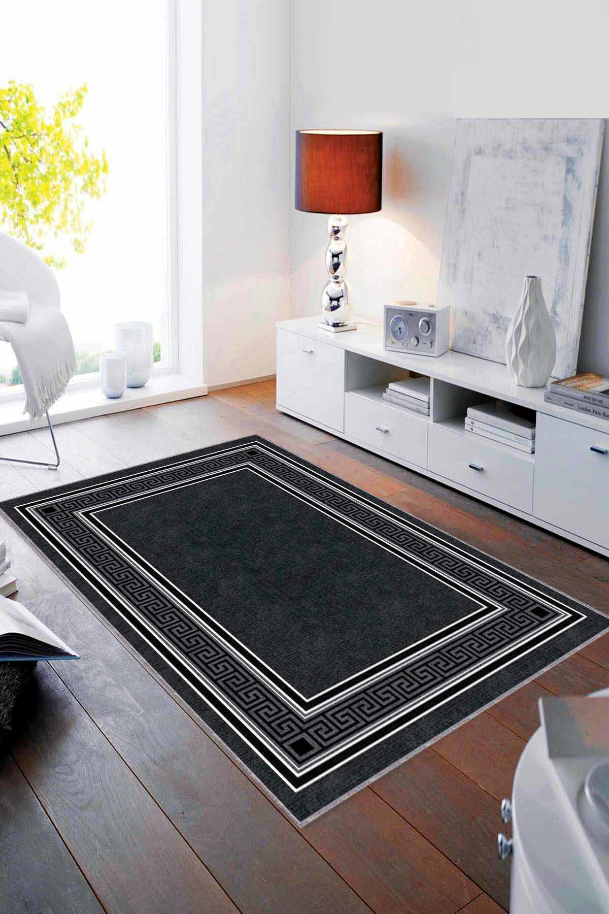 Viva Home RV031 Antrasit 7 mm Mikropolyester Yıkanabilir İnce Kaymaz Jüt Taban Dikdörtgen Makine Dokuma Salon Halısı 160x230 cm
